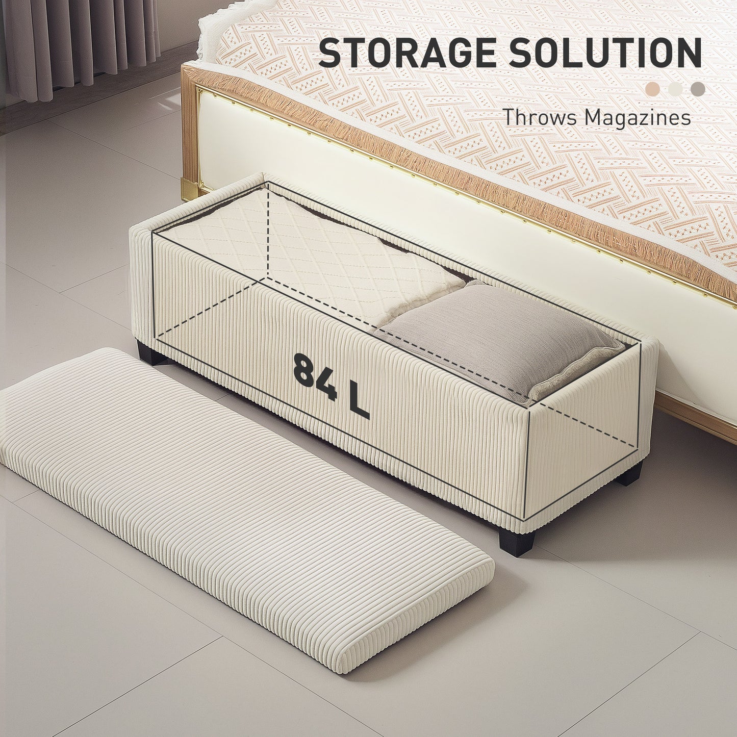 HOMCOM 44 Inches Ottoman with Storage, Lid, Legs, Corduroy End of Bed Bench for Living Room, Bedroom, Entryway, Beige