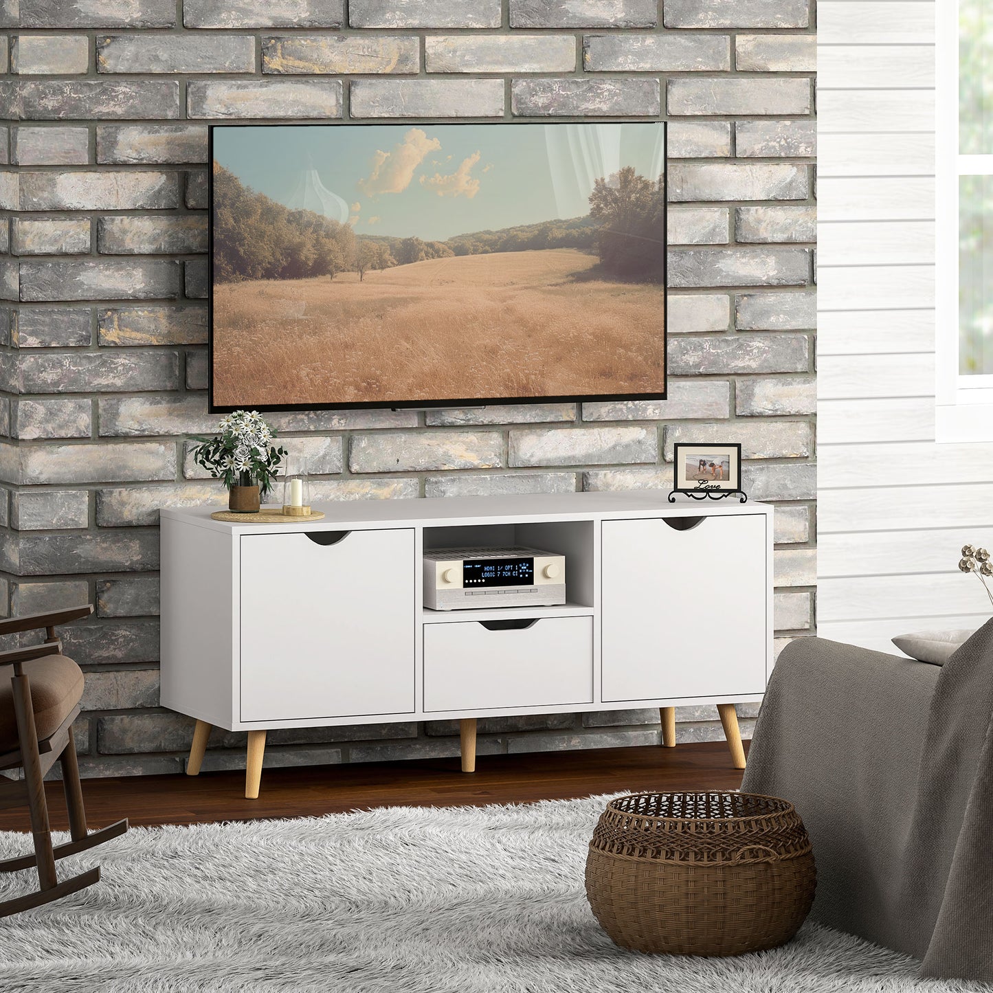 HOMCOM TV Stand with Storage for up to 50" TV, Modern TV Table with Open Shelf, Drawer and 2 Cabinets, White