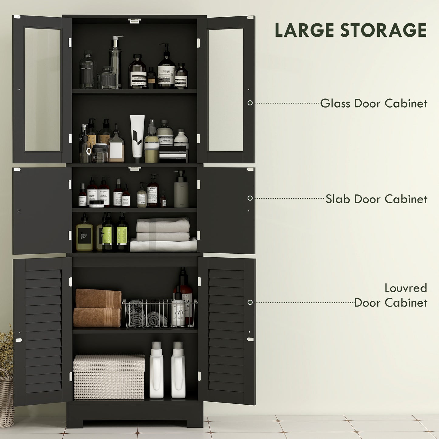 HOMCOM Freestanding Bathroom Cabinet with Glass/Louvred Doors, Tall Bathroom Cabinet for Kitchen, Study, Living Room, Black