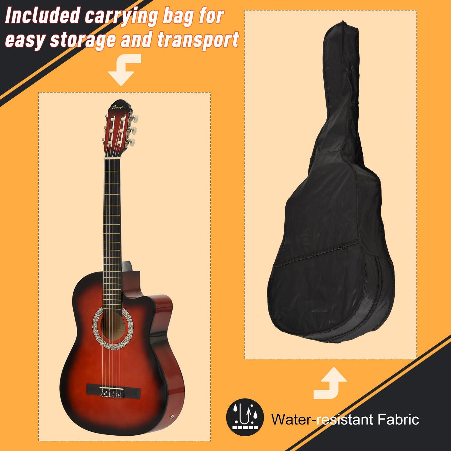 Soozier 39.5 Inch Acoustic Electric Guitar for Beginner with Strings, Beige Strap, 3 Picks and Case Bag, Wine Red
