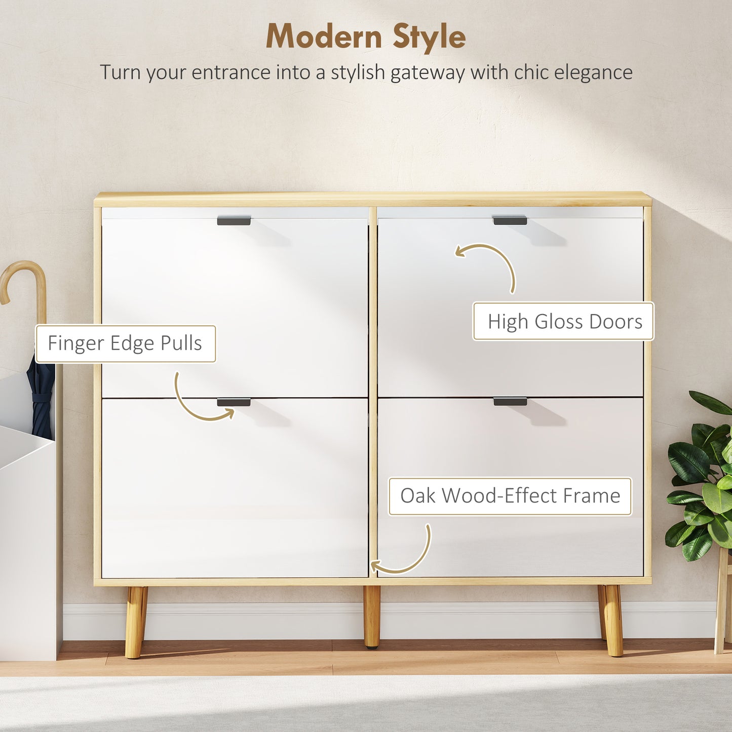 HOMCOM Narrow Shoe Cabinet, High Gloss Shoe Storage Cabinet with 4 Flip Drawers and Adjustable Shelves, Holds 20 Pairs, White