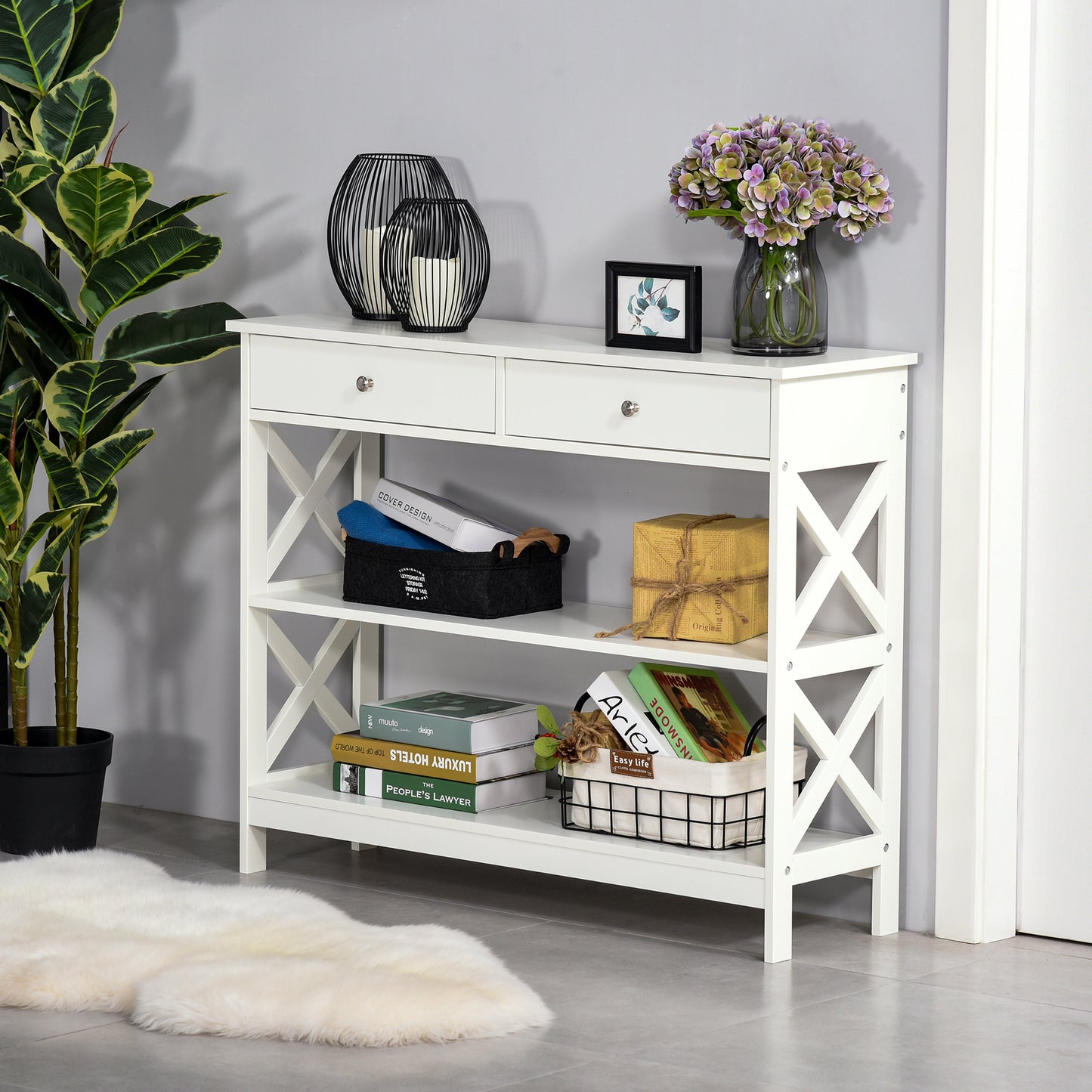 HOMCOM 39" Console Table, Narrow Entryway Table with Storage Shelves, Drawers and X Frame for Behind Couch, Living Room, Hallway, Black