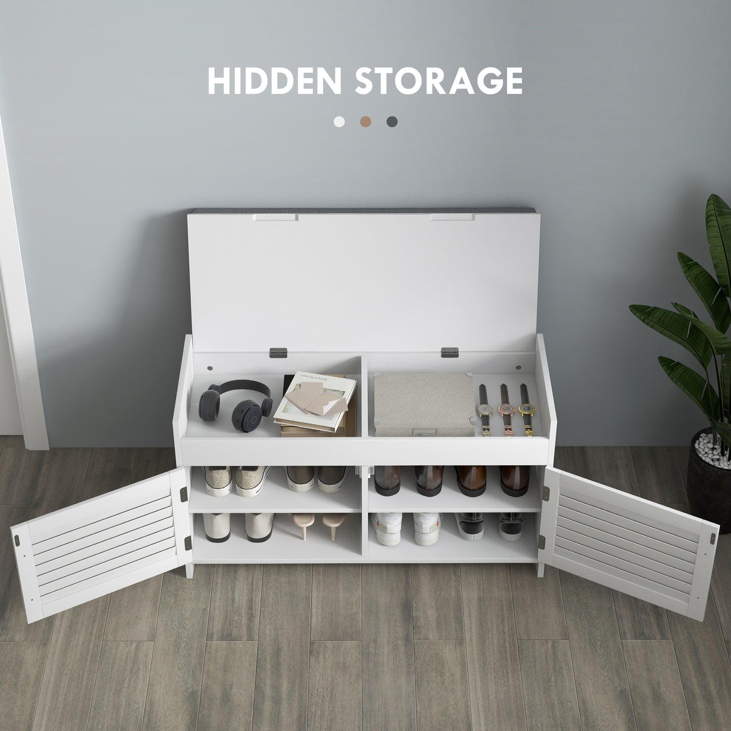 HOMCOM Entryway Bench with Cushion, Hidden Storage, Adjustable Shelves and Shutter Doors, 35.4" Shoe Bench, White