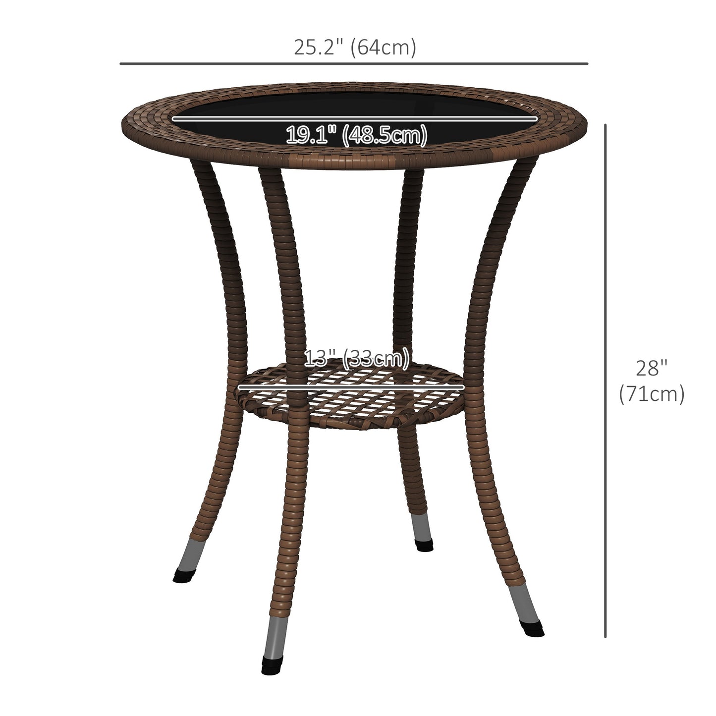 Outsunny Outdoor Rattan Dining Table, Patio Wicker Round Coffee Table with 2-Tier Storage Shelf, Brown