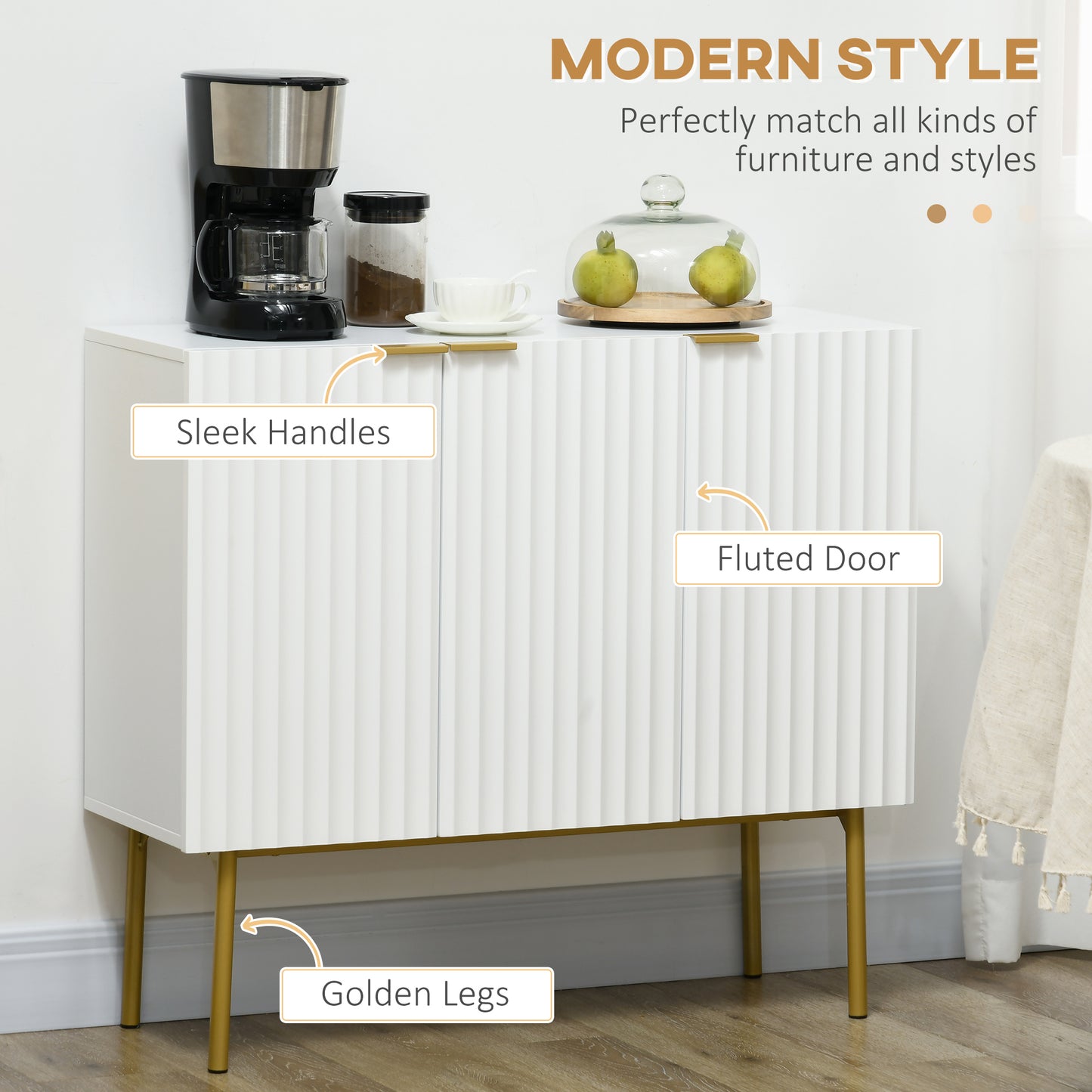 HOMCOM Modern Storage Cabinet Sideboard Buffet Cabinet with Gold Legs for Living Room Dining Room Hallway Grey