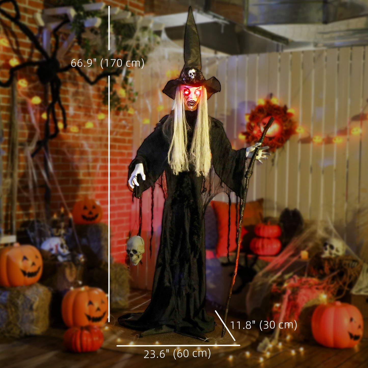 Outsunny Animatronics Standing Witch, Voice-Activated Prop, Sound Activated Moving Head & Flashing Eyes, Easy Setup Indoor, Black