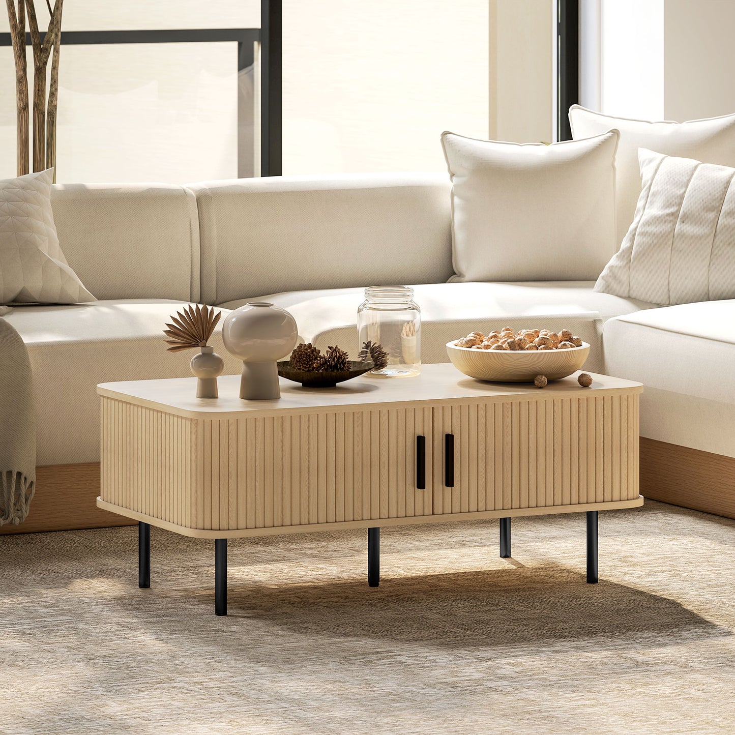 HOMCOM Coffee Table with Storage, Nordic Side Table with Slatted Tambour Sliding Doors and Steel Legs for Living Room, Oak
