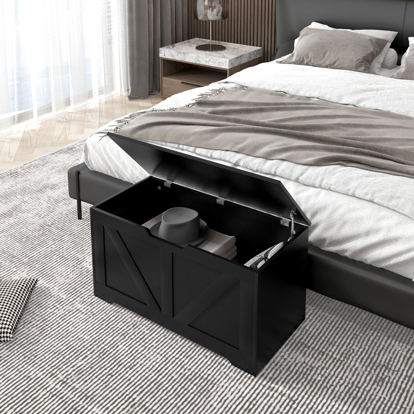 HOMCOM 31.5 Inches Storage Chest, Storage Trunk with 2 Safety Hinges, Wooden Box for Living Room, Black Wood Grain