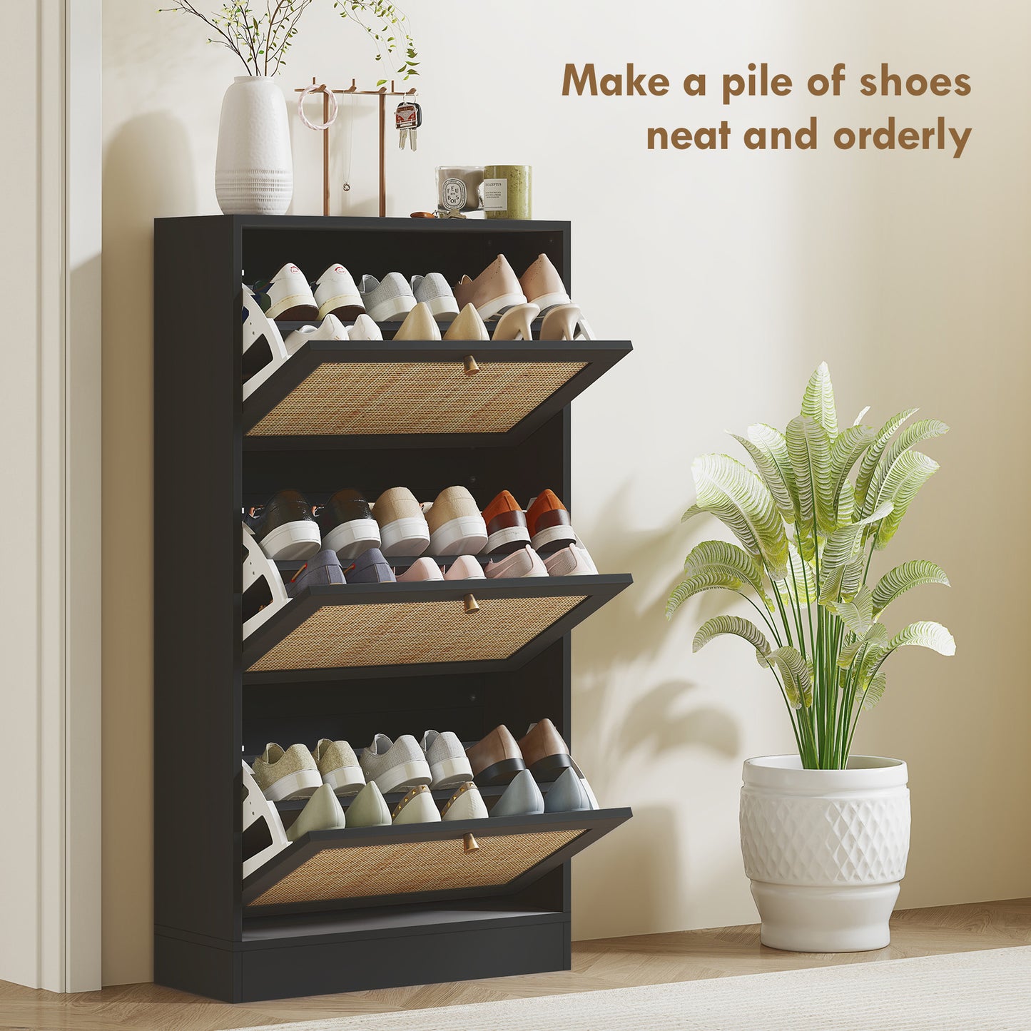 HOMCOM Rattan Shoe Storage Cabinet with 3 Flip Drawers and Adjustable Shelves, Entryway Shoe Cabinet for 18 Pairs, Black
