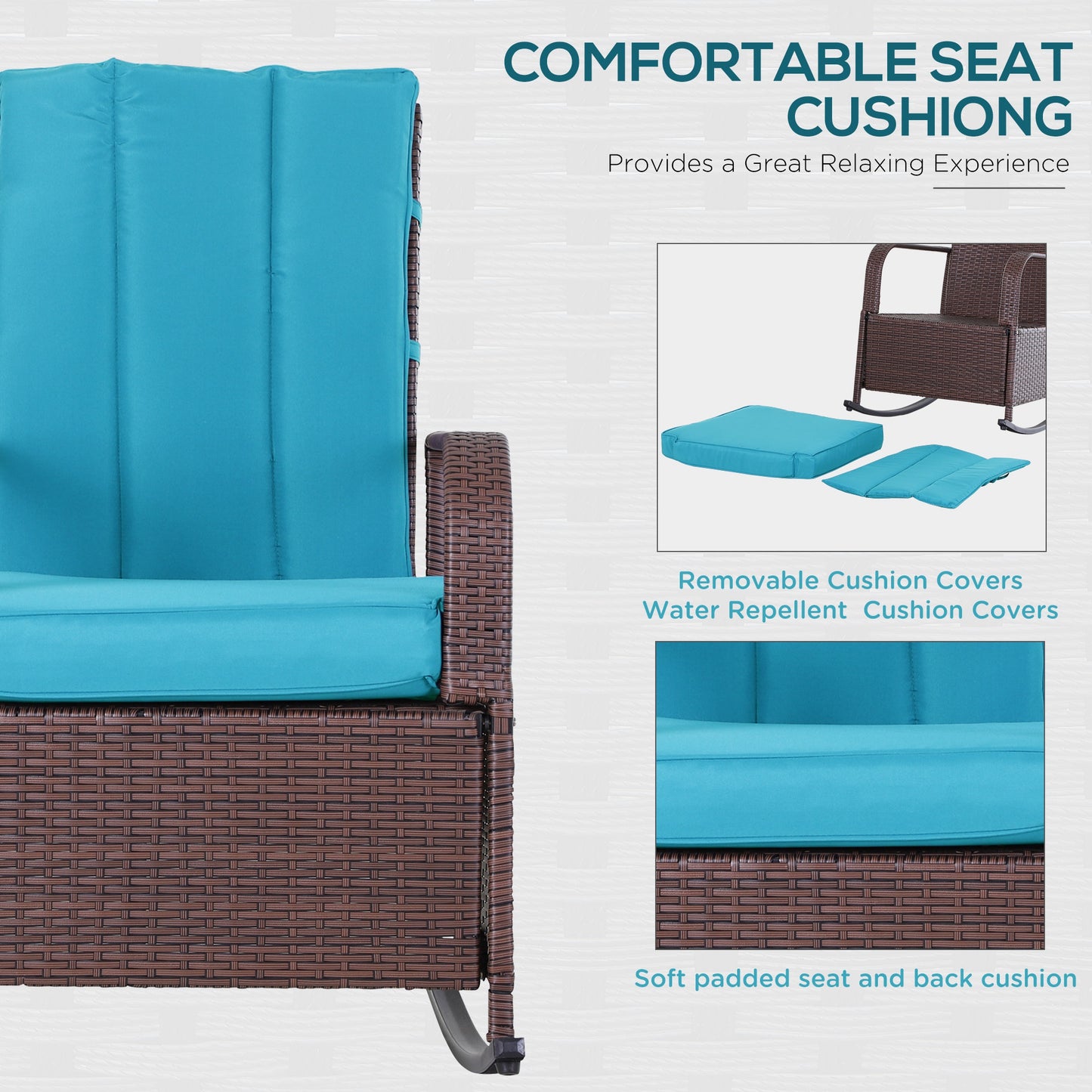 Outsunny Outdoor Wicker Rocking Chair with Cushion, Patio PE Rattan Recliner Chair with Adjustable Footrest, Armrests, Dark Blue