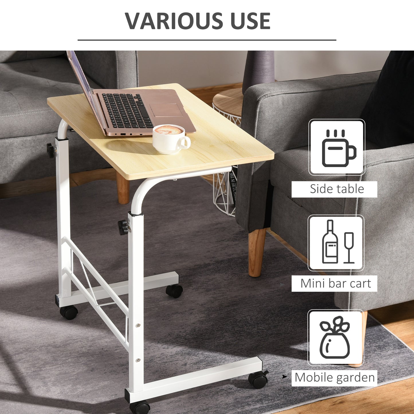 HOMCOM Mobile Standing Desk with Adjustable Height, 23.5 inch Stand Up Desk with Wheels, Natural Wood