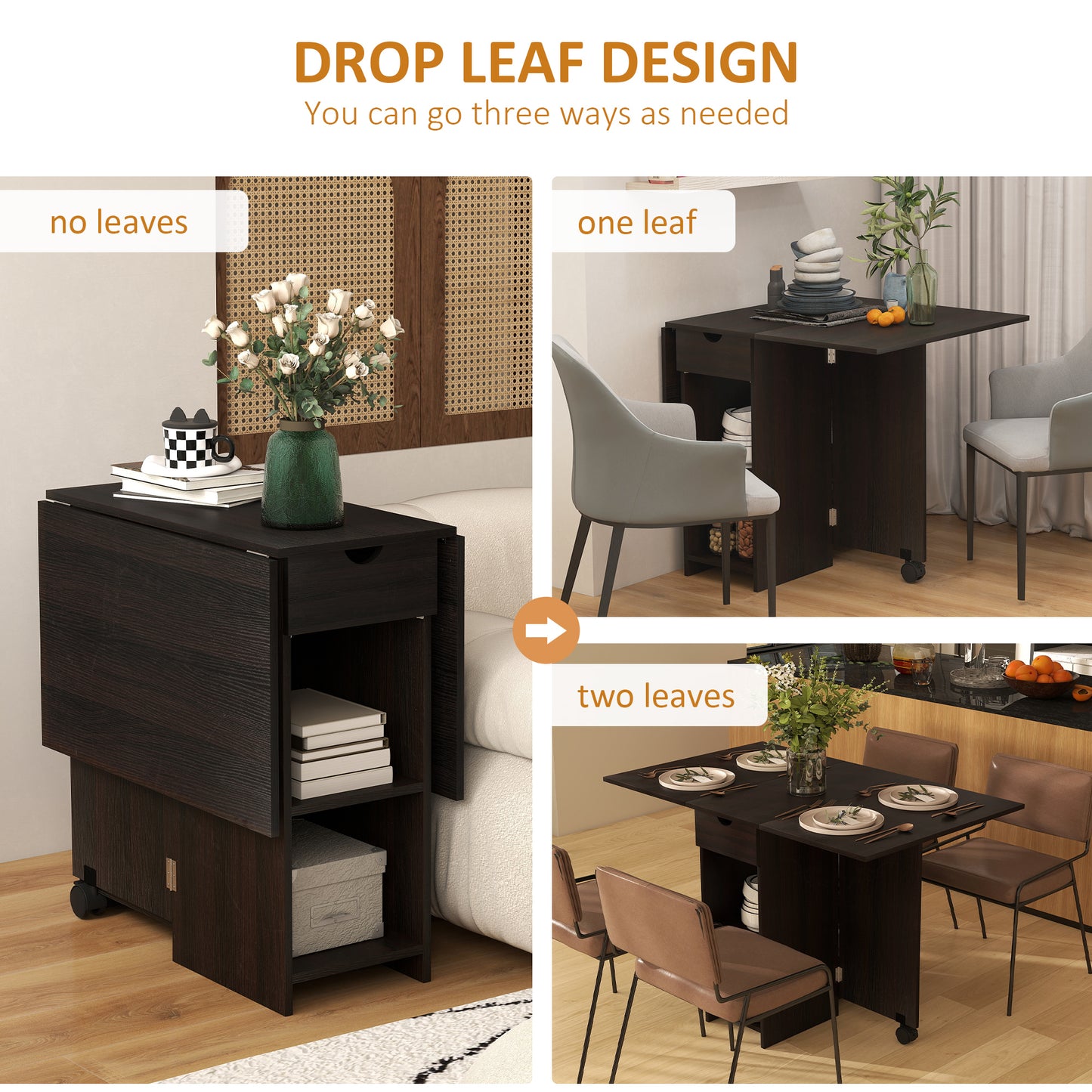 HOMCOM Folding Dining Table, Space Saving Drop Leaf Table with Drawer and Storage Shelves for Kitchen, Dining Room, Oak