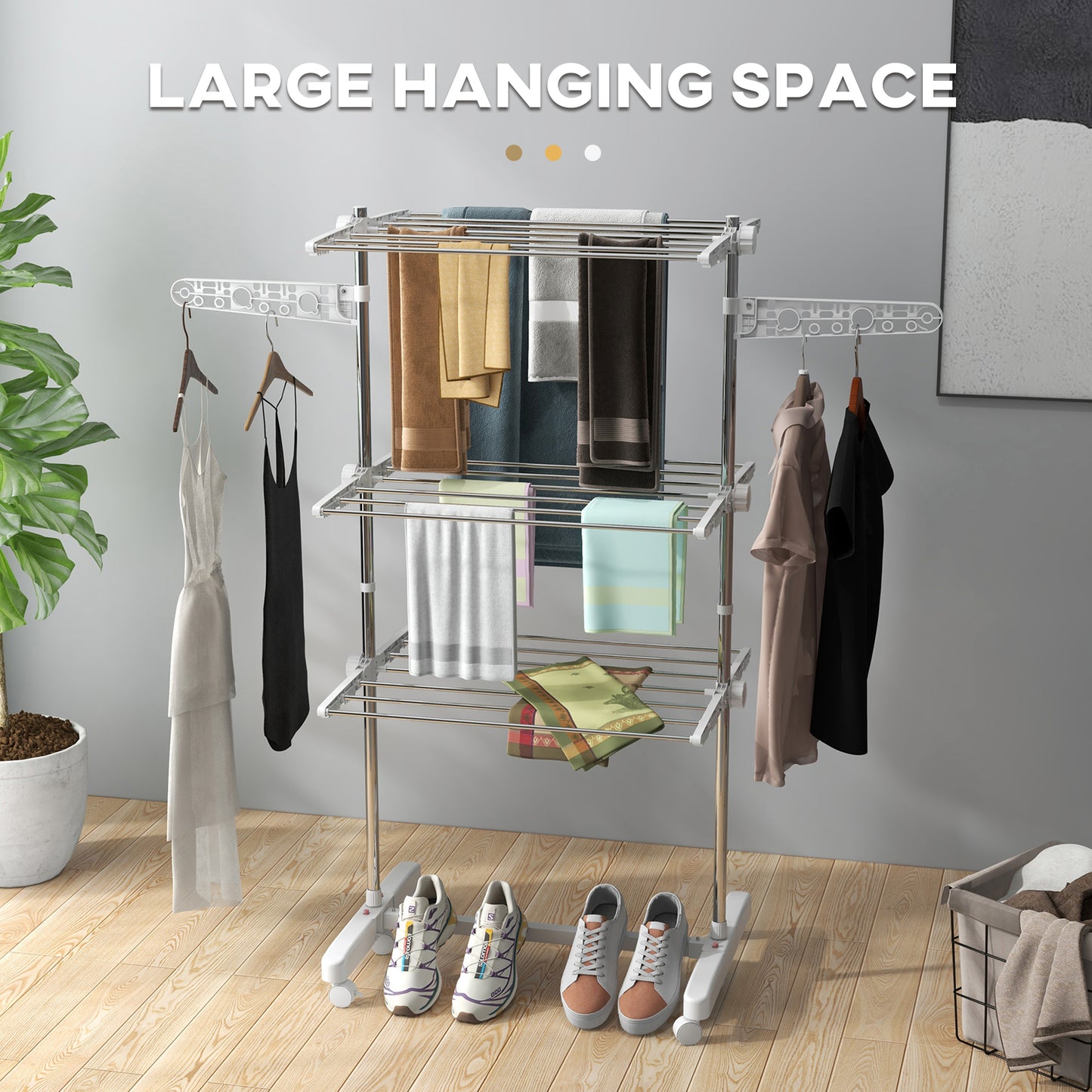 HOMCOM 3-Tier Foldable Clothes Drying Rack, Stainless Steel Laundry Rack with 2 Side Wings and 6 Castors, Collapsible Adjustable Clothes Airer for Indoor Outdoor, White