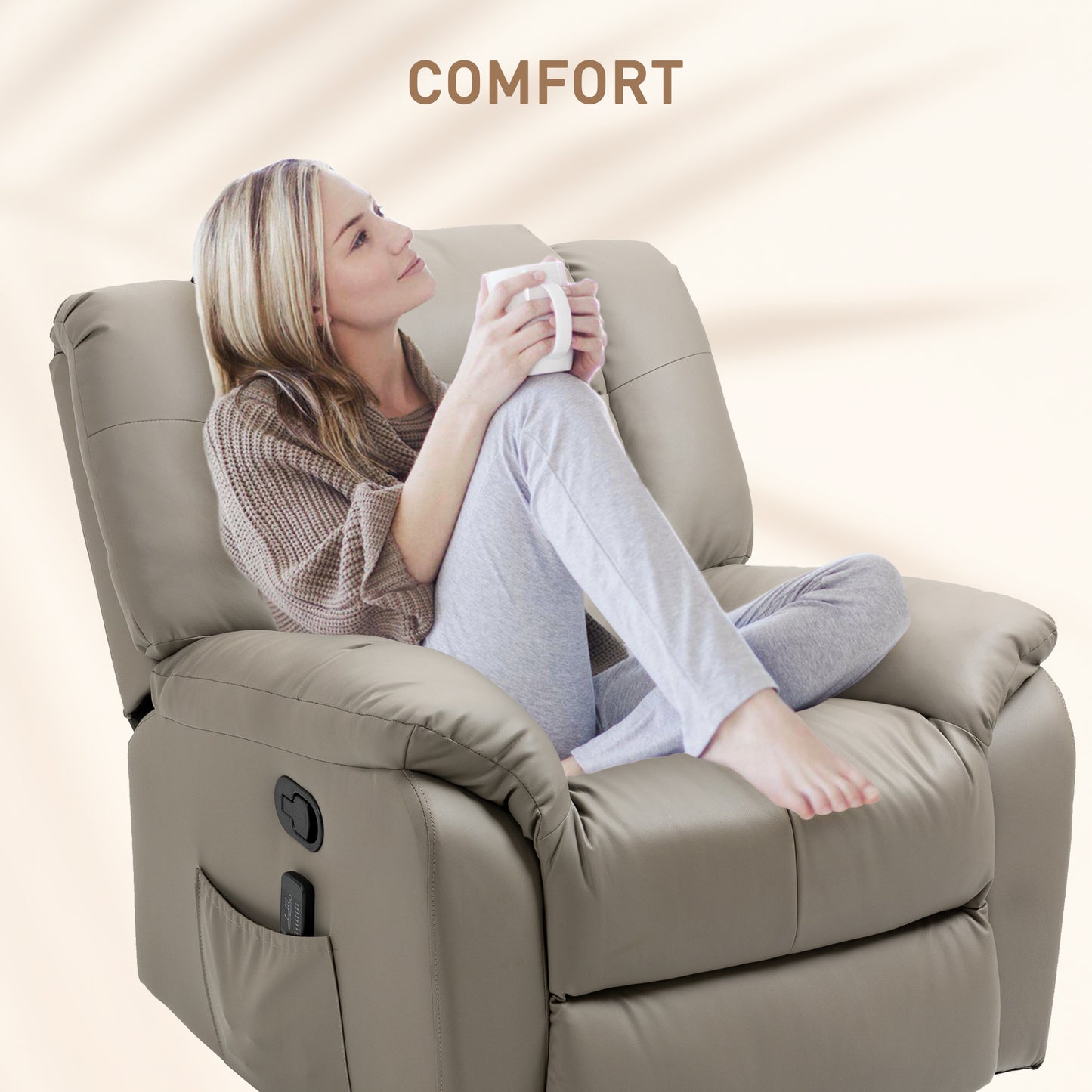 HOMCOM 8-Point Vibration Massage Recliner Chair for Living Room, PU Leather 360° Swivel Manual Reclining Sofa Rocking Chair with Remote Control, Side Pockets, Grey
