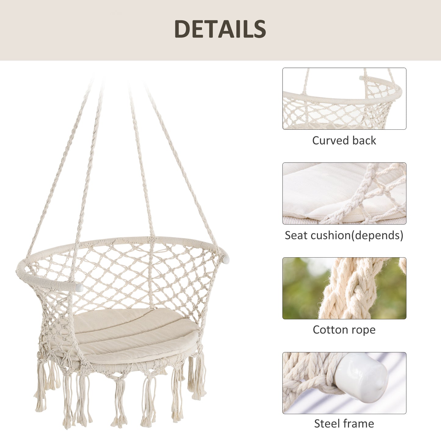 Outsunny Hanging Hammock Chair, Cotton Rope Porch Hammock Swing with Metal Frame and Cushion, Large Macrame Seat for Patio, Garden, Bedroom, Living Room, Cream White
