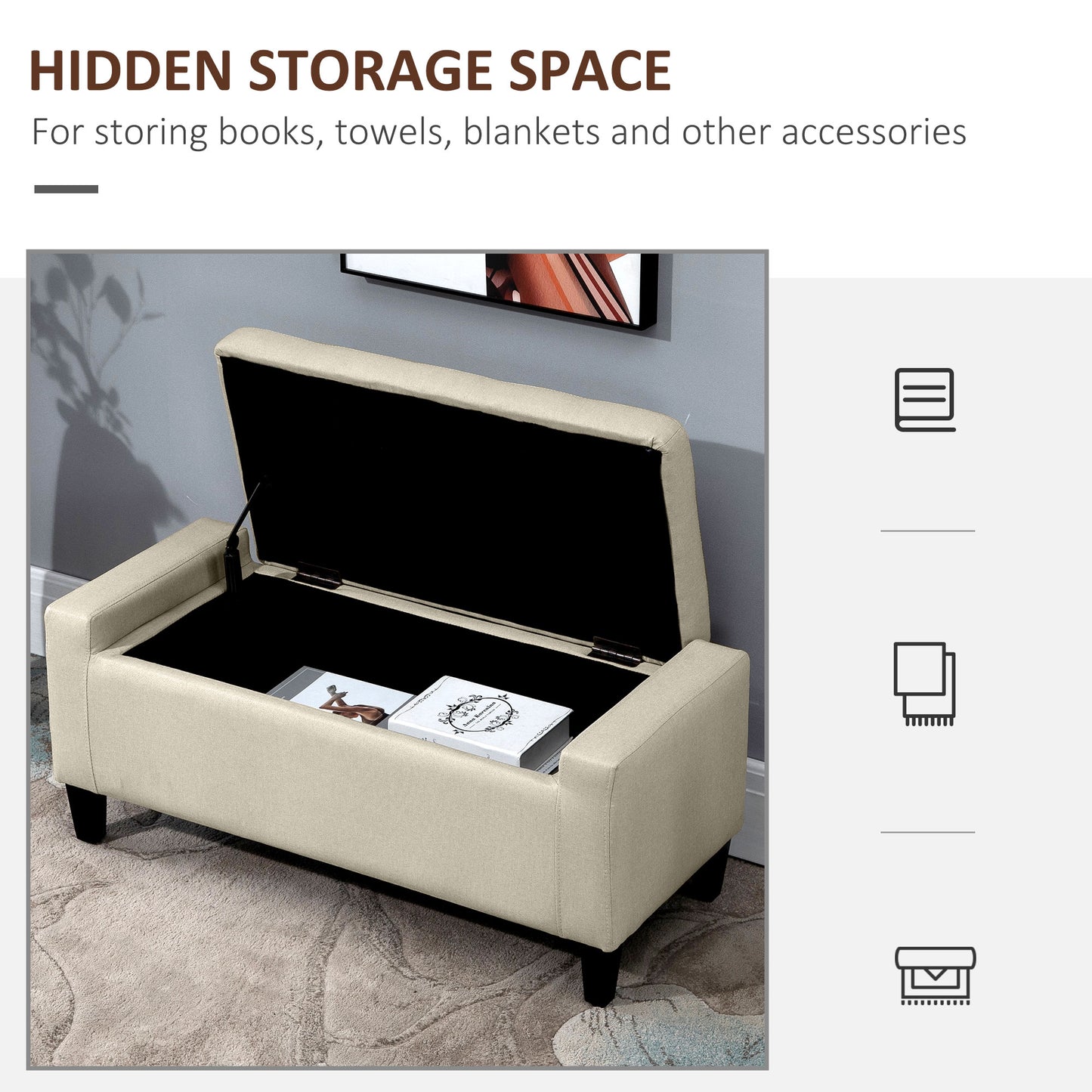 HOMCOM Storage Ottoman Bench Linen-Touch Fabric Tufted Chest Footstool with Flipping Top, Beige
