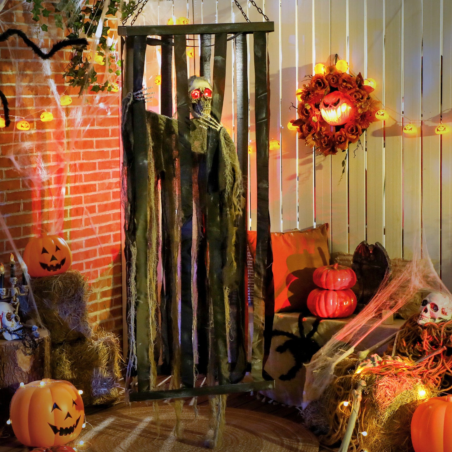 Outsunny Animatronics Hanging Skeleton Reaper in Cage, Voice-Activated Prop with Flashing Eyes, Easy Setup Indoor