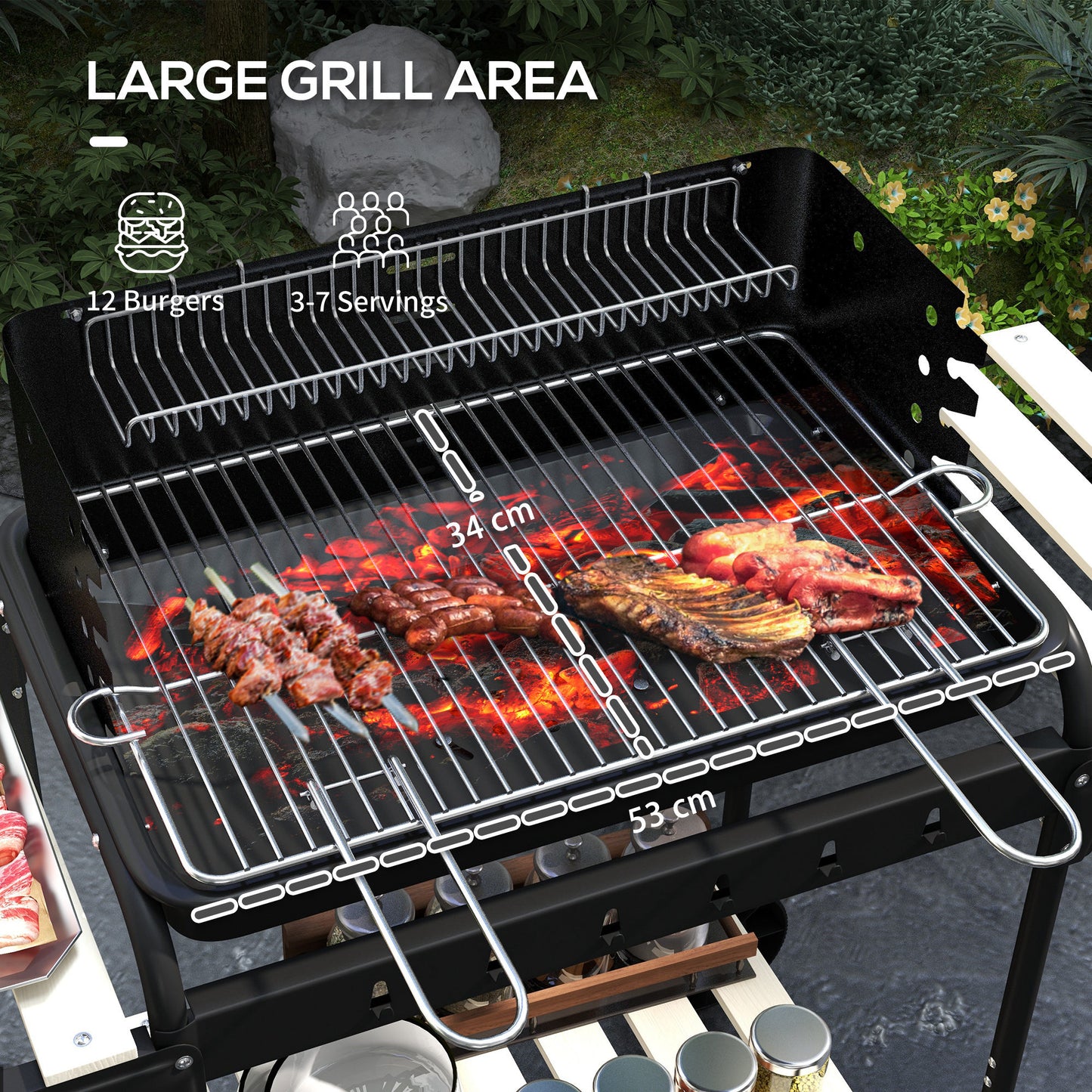Outsunny Charcoal Barbecue Grill with Adjustable Grill Height, Portable BBQ Trolley with Ash Catcher and Wheels, Black
