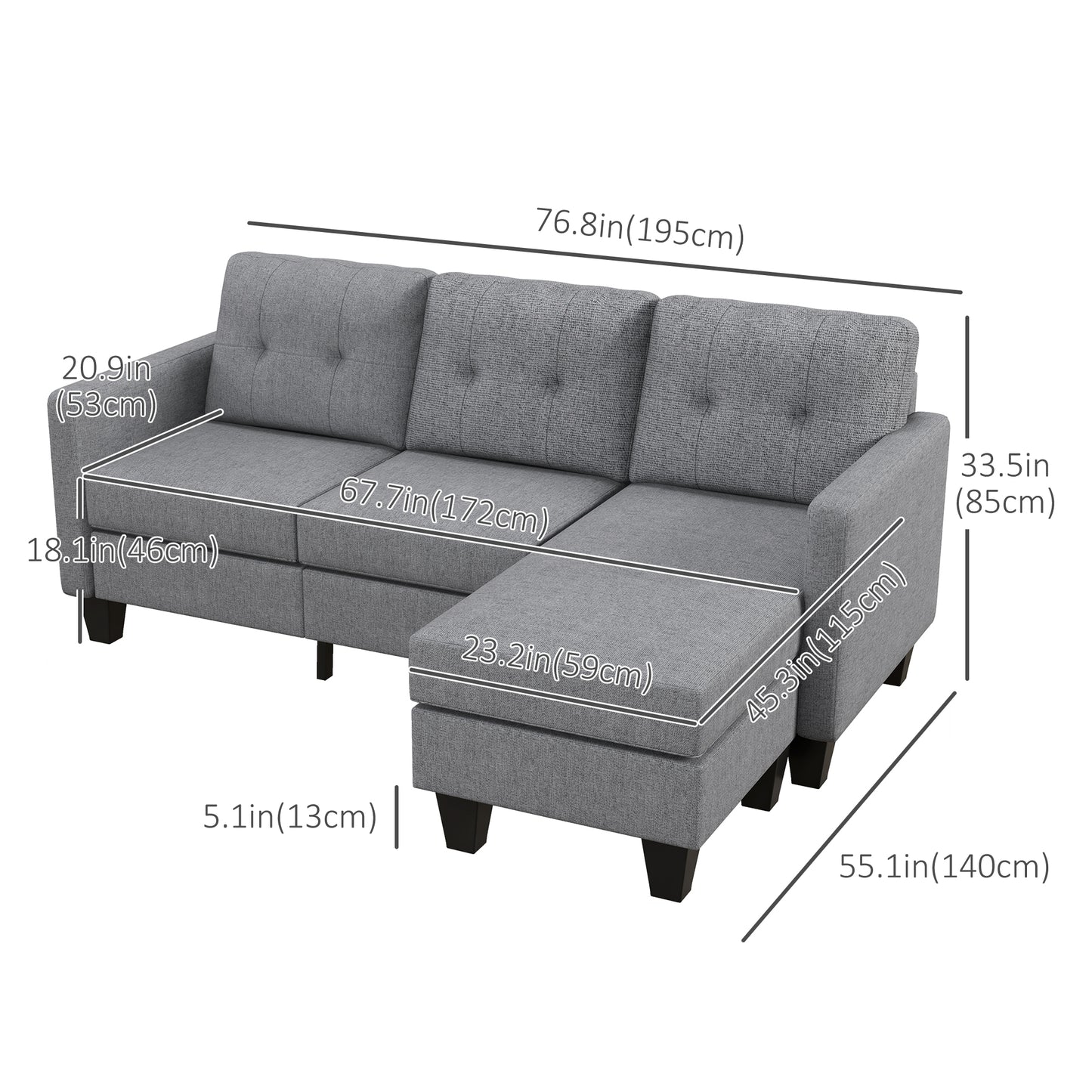 HOMCOM L-shaped Sofa, 3 Seater Couch with Ottoman, Corner Sofa with Thick Padded Cushion and Wood Legs, Dark Grey