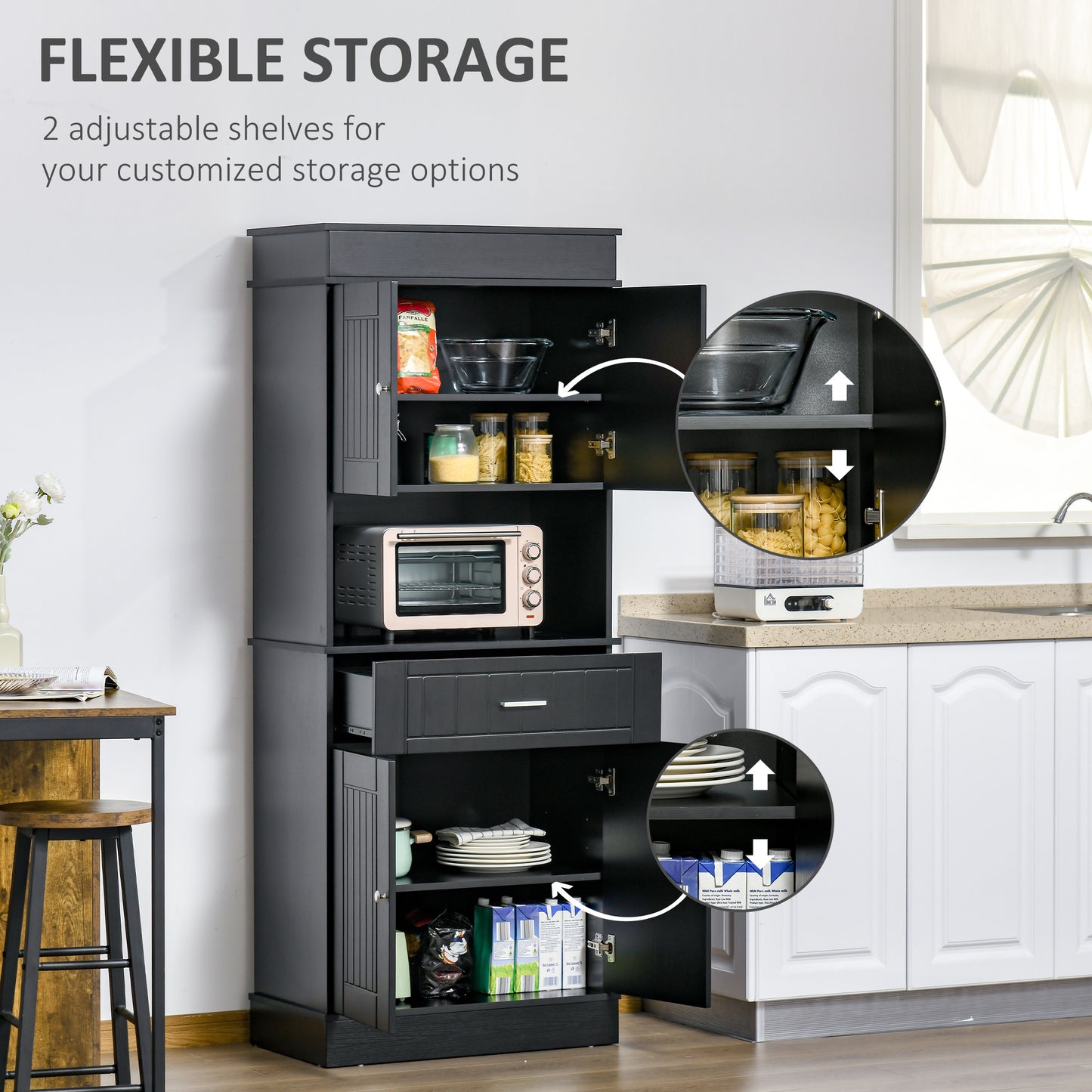 HOMCOM 72" Kitchen Pantry Cabinet, Freestanding Buffet with Hutch, Cupboard with Adjustable Shelf, Utility Drawer, 2 Door Cabinets and Countertop, Black Wood Grain