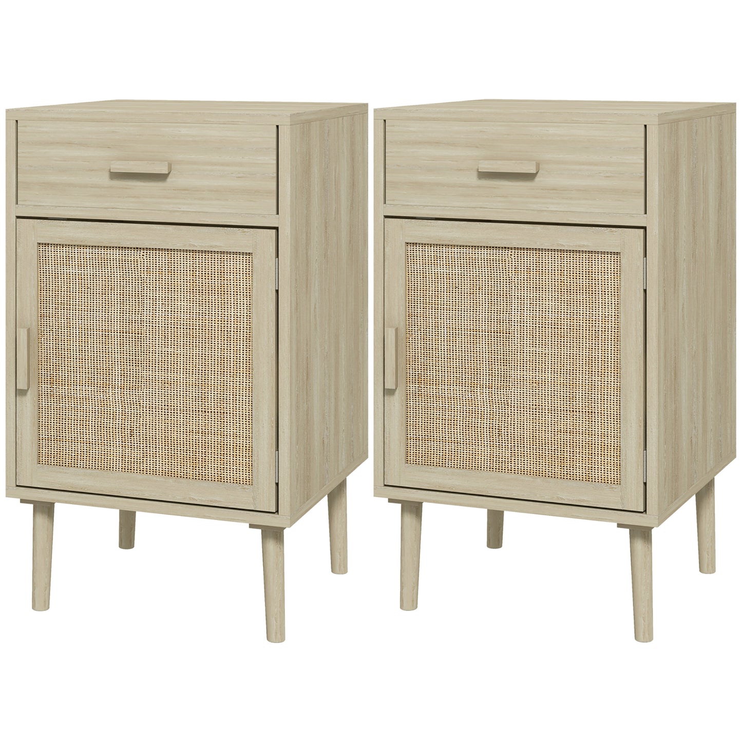 HOMCOM Boho Bedside Tables Set of 2, Nightstands with Drawer, Rattan Cabinet, Adjustable Shelf for Bedroom, Living Room, Black