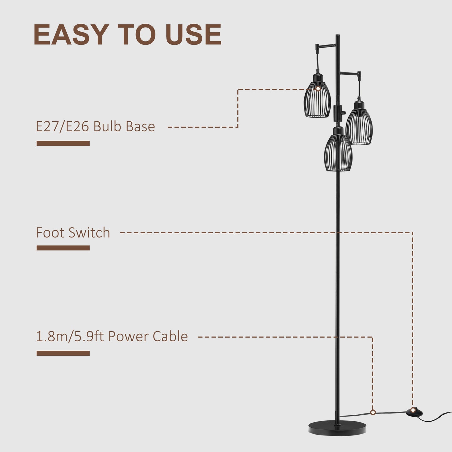 HOMCOM Arc Tree Floor Lamp with 5 Adjustable Rotating Lights, Modern Standing Gooseneck Reading Light for Living Room Bedroom Office, Satin Nickel