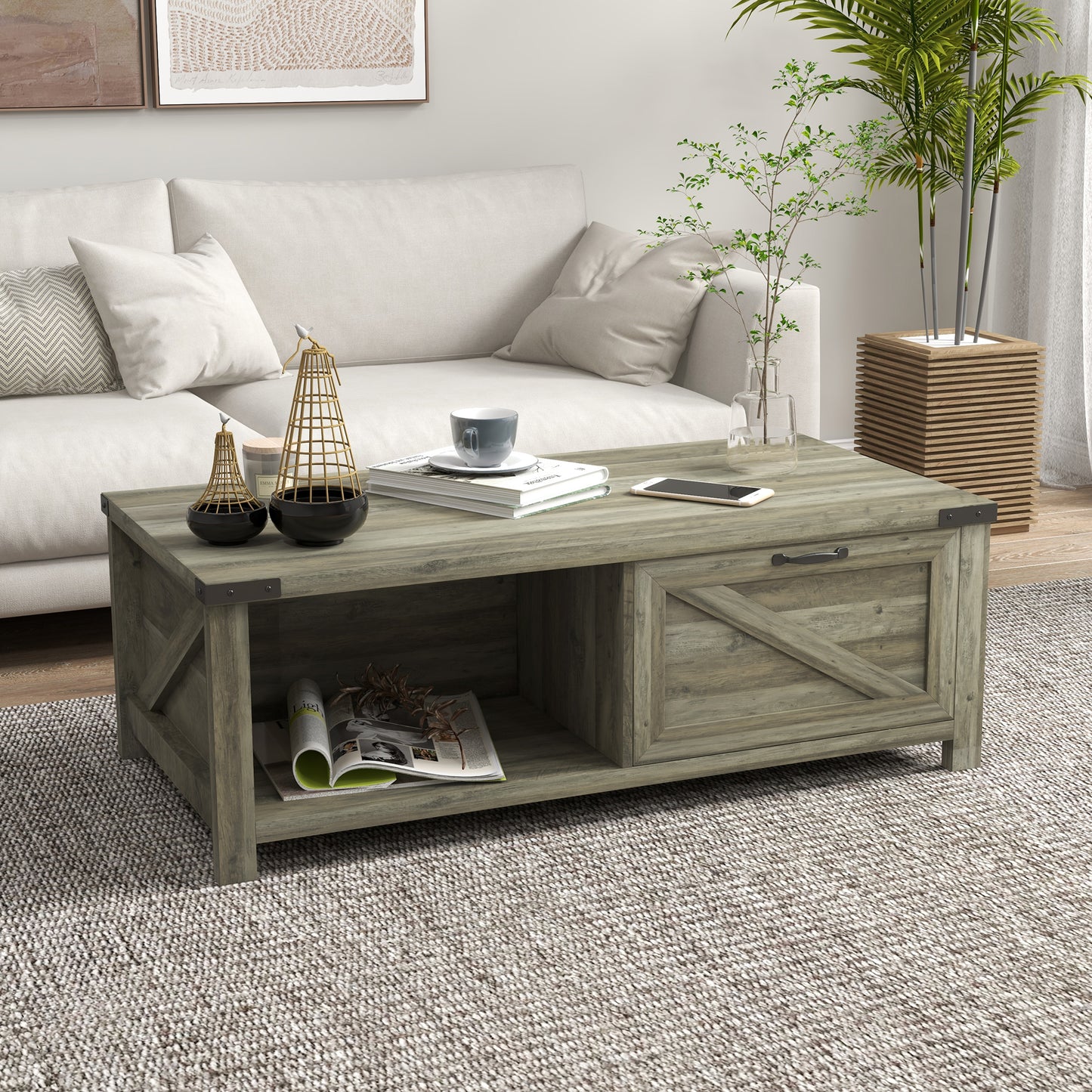 HOMCOM Industrial Coffee Table Side End Table with Drawer, Open Storage Shelf, Modern Farmhouse Furniture, for Living Room, Dining Room, Office, White Oak