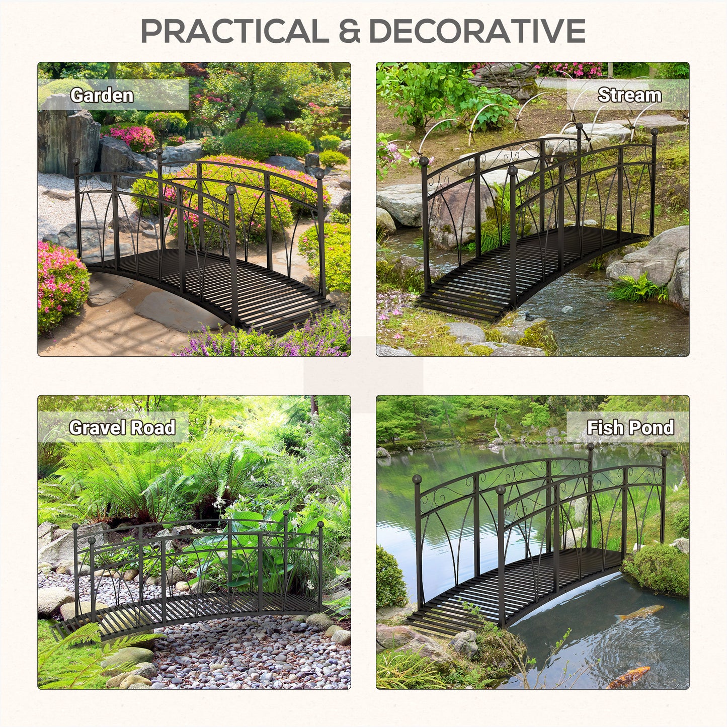 Outsunny 3.3FT Classic Garden Bridge with Safety Railings Arc Footbridge Decorative Pond Bridge for Backyard Creek Stream, Black
