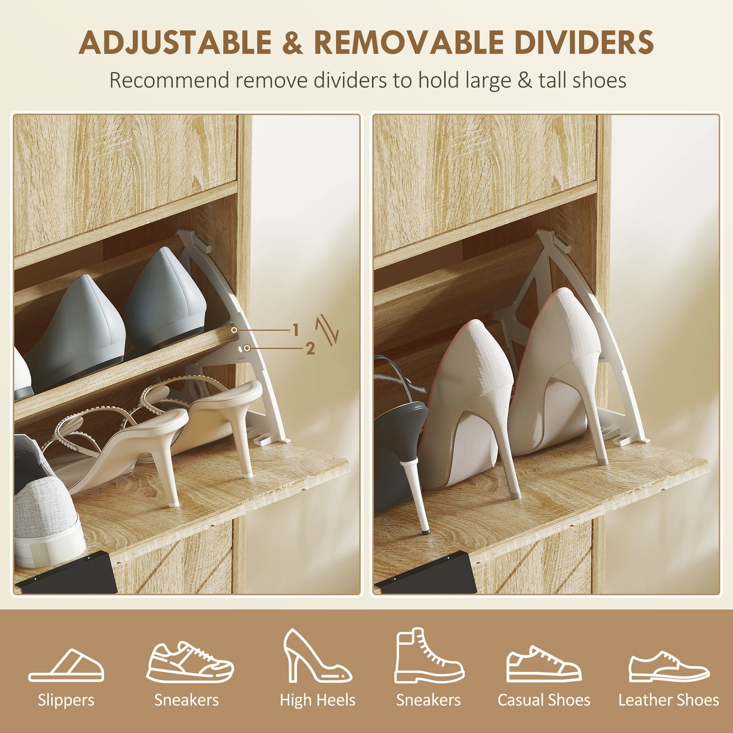 HOMCOM Narrow Shoe Storage Cabinet with Flip Drawers, Shoe Cabinet with Adjustable Shelves, Sliding Drawer, Holds 8 Pairs, Oak