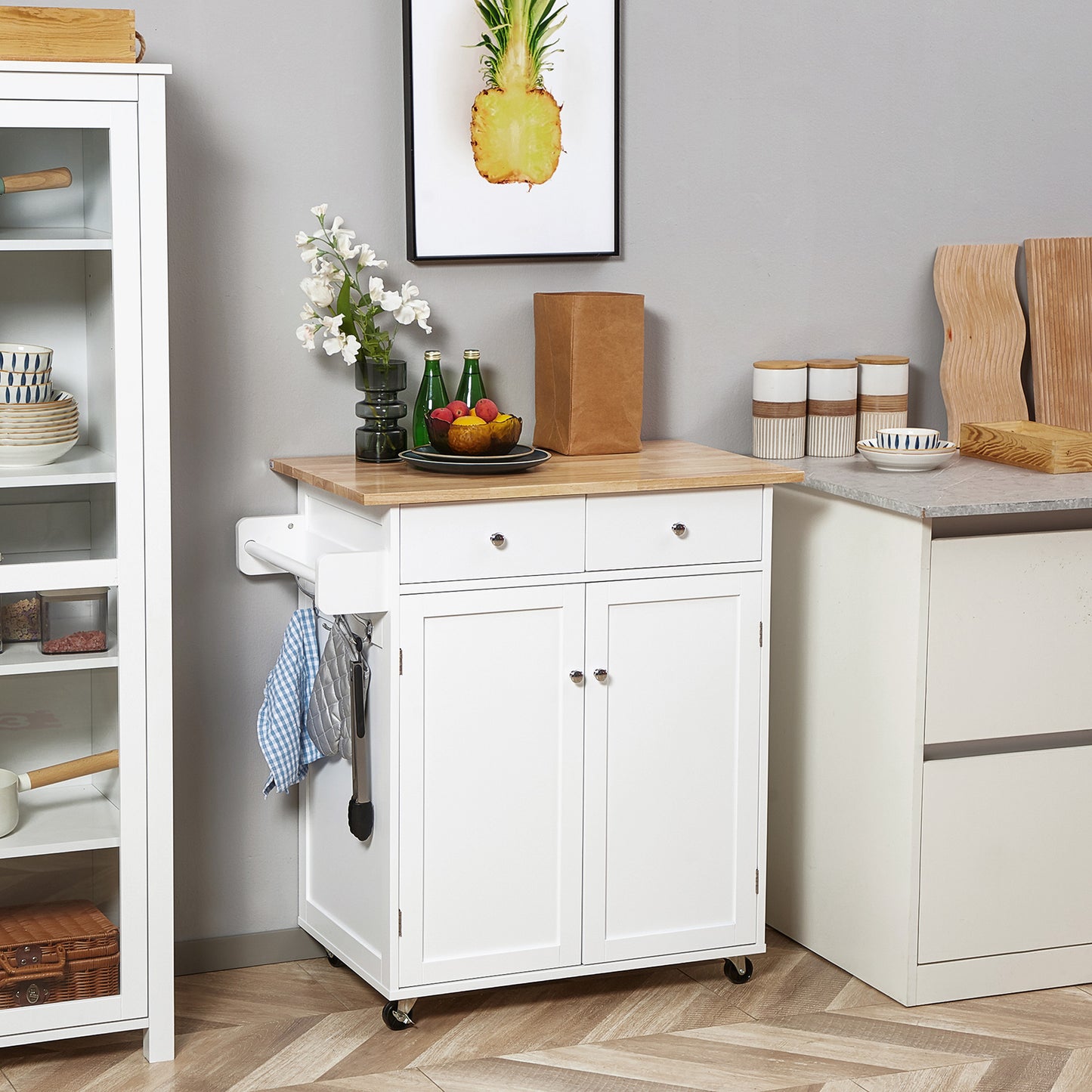 HOMCOM Rolling Kitchen Island with Storage, Kitchen Cart with Rubber Wood Top, Adjustable Shelf, Towel Rack, Hooks and Storage Drawers, White