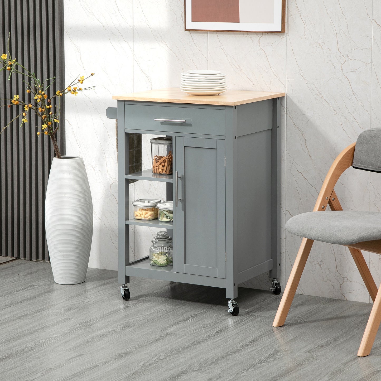HOMCOM Kitchen Island, Compact Kitchen Cart on Wheels with Open Shelf & Storage Drawer for Dining Room, Kitchen, Black