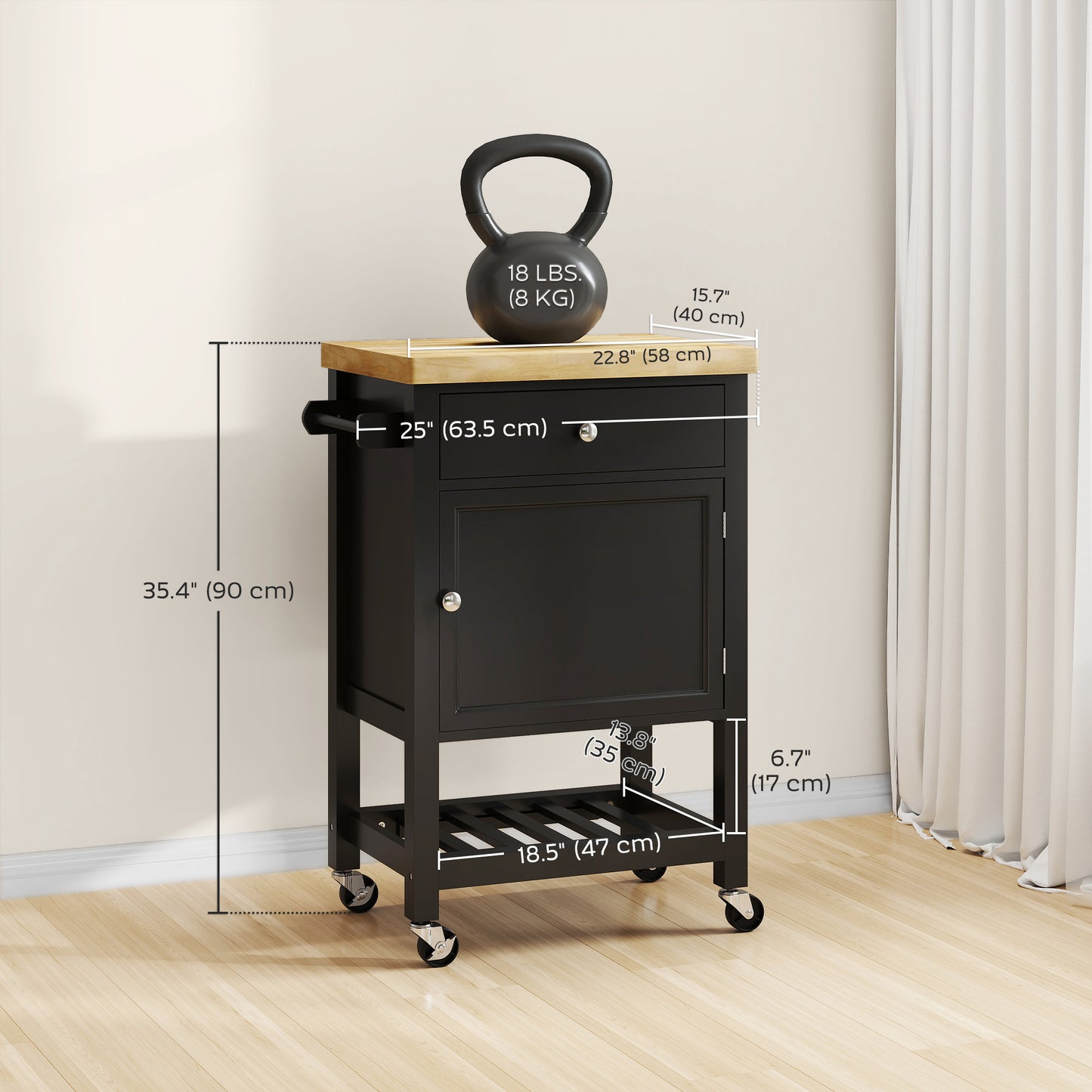 HOMCOM Kitchen Island on Wheels, Rolling Kitchen Cart with Wood Top, Towel Rack, Drawer and Shelf for Dining Area, Black