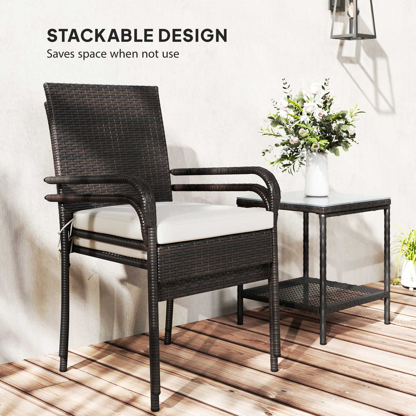 Outsunny 3 Piece Wicker Patio Furniture Set with Stackable Chairs, Washable Cushion, Tempered Glass Top, for Backyard, Brown