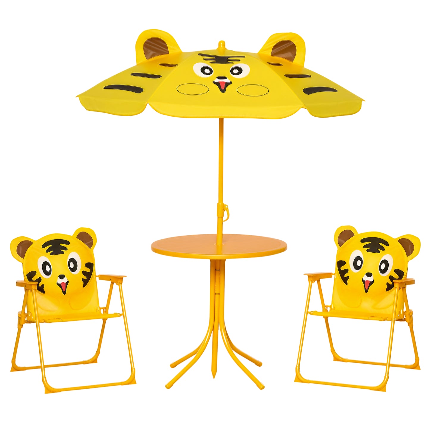 Outsunny Kids Folding Picnic Table and Chair Set Pattern Outdoor Garden Patio Backyard with Removable & Height Adjustable Sun Umbrella Brown