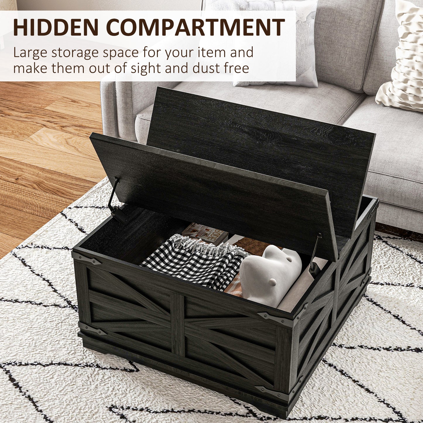 HOMCOM Farmhouse Coffee Table, Square Center Table with Flip-top Lids, Hidden Storage Compartment, Black
