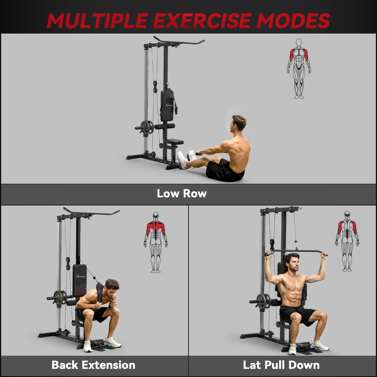 Soozier Lat Pull Down Machine, High / Low Pulley Machine with Adjustable Seat and Flip-Up Footplate, Red