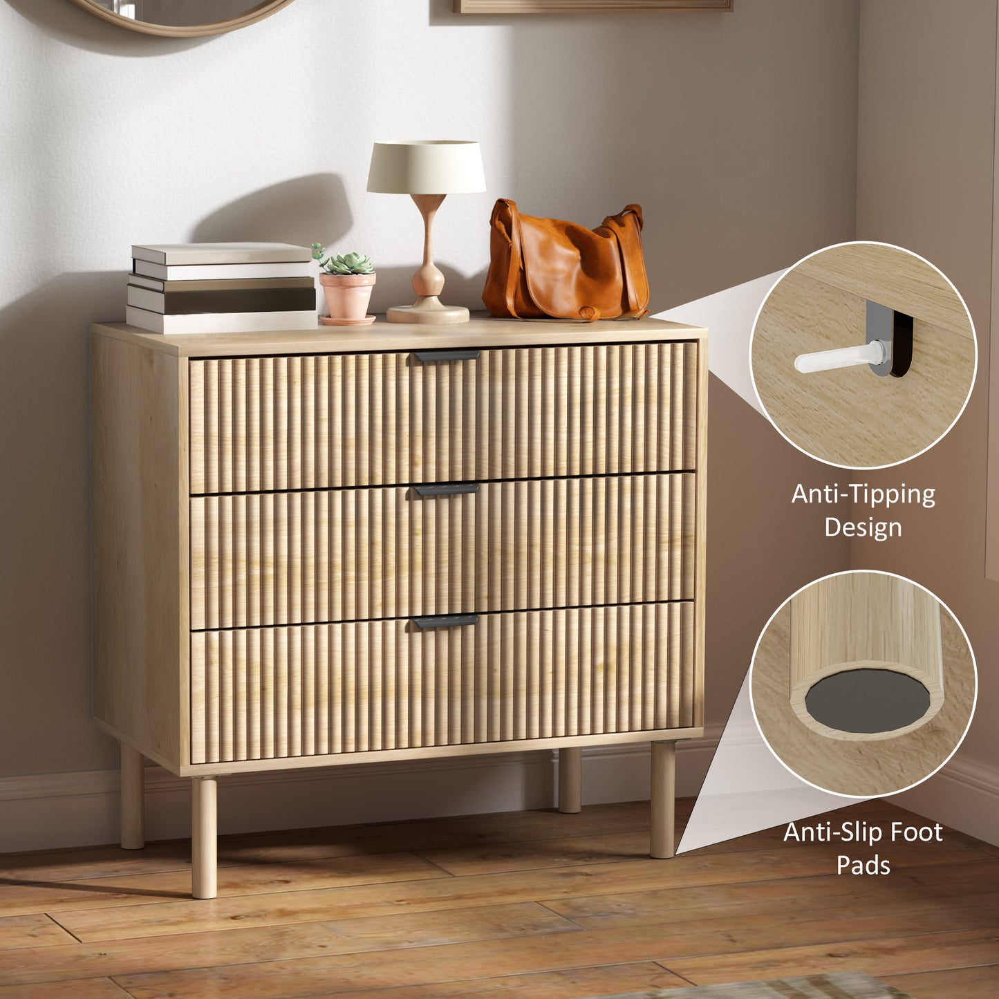 HOMCOM Bedroom Chest of Drawers, 3 Drawer Dresser with Fluted Panels and Solid Wood Legs, Storage Cabinet for Living Room, Oak