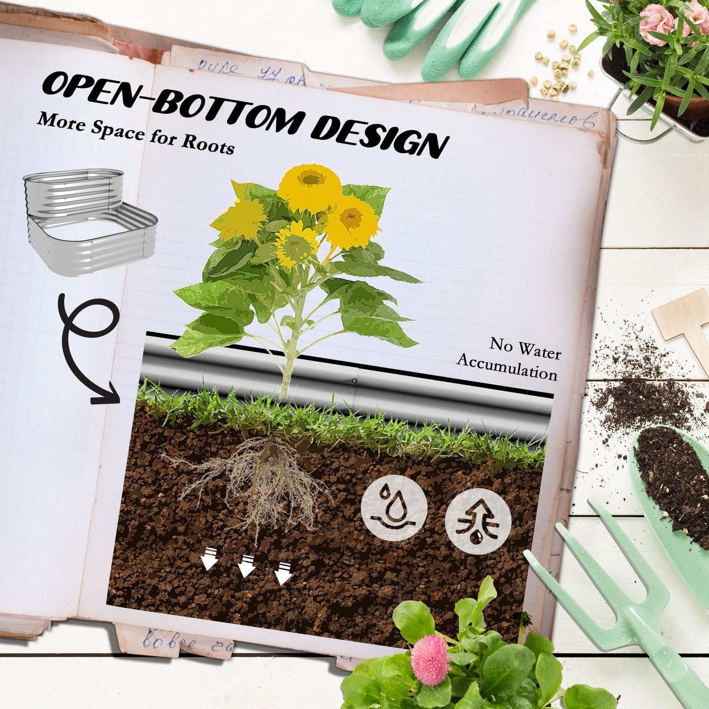 Outsunny 3.4'x3.4'x1' Outdoor Raised Garden Bed, 2-Tier Galvanized Planter Box with Safety Edging for Vegetable, Flower, Fruit
