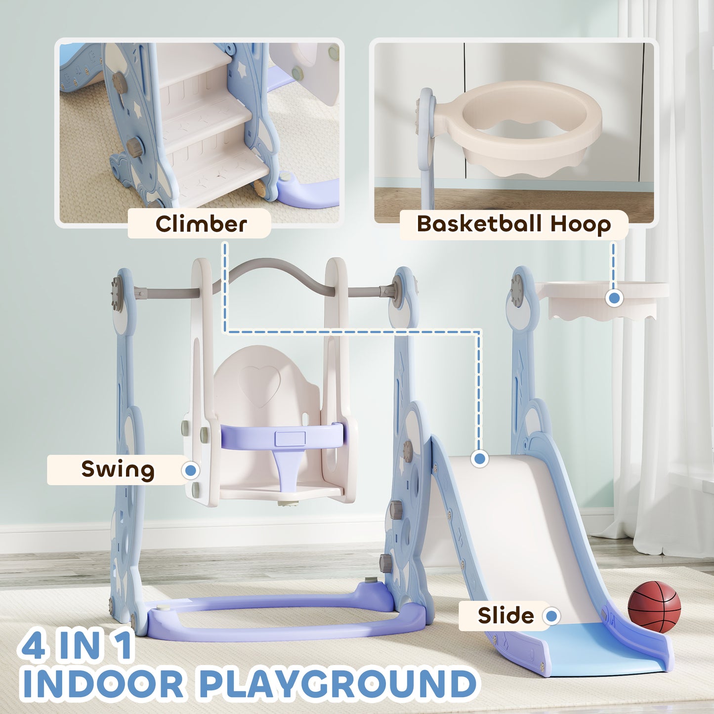 Qaba 8 in 1 Slide and Swing Set, Baby Swing Set with Basketball Hoop, Climber, Steering Wheel, for Aged 1-3 Years, Yellow