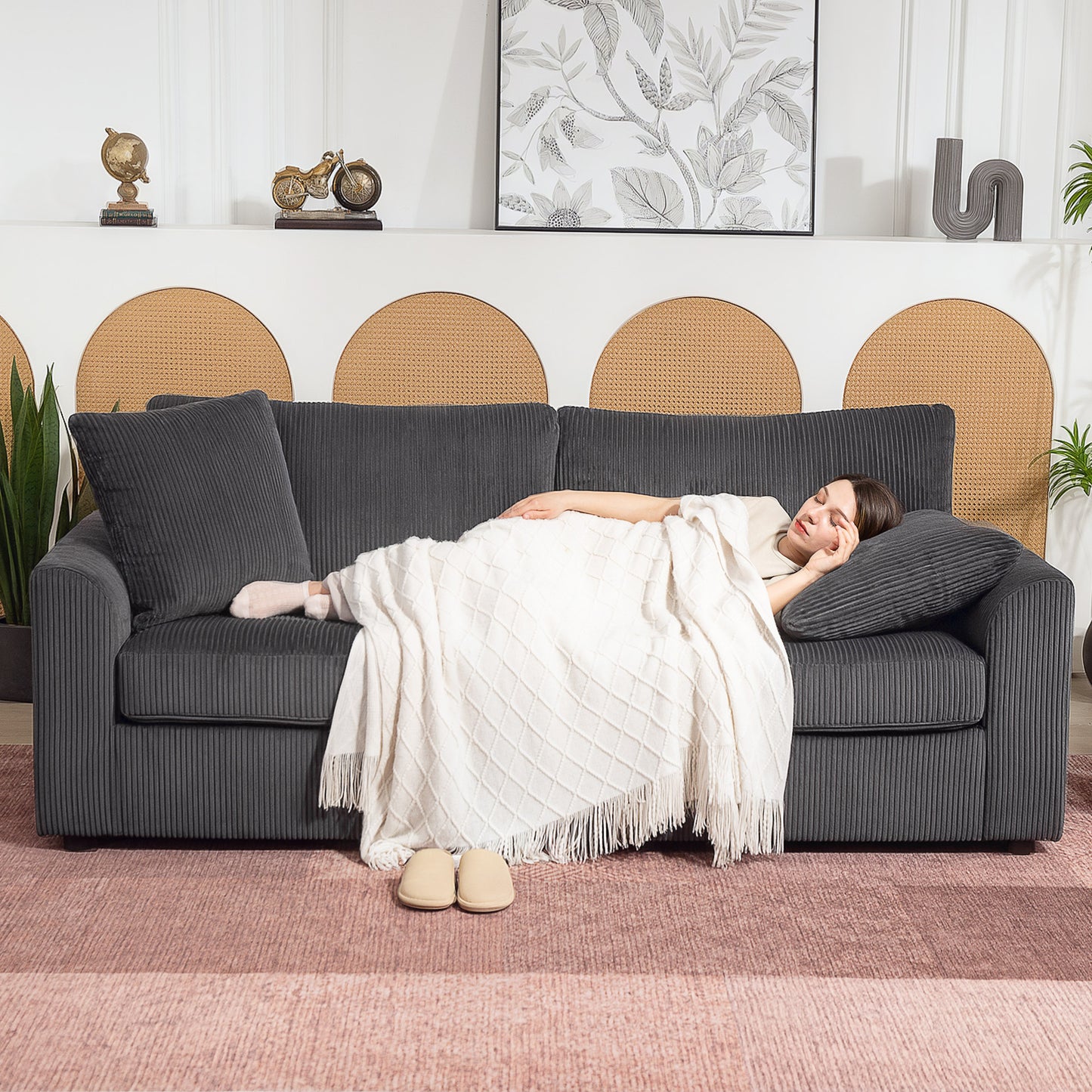 HOMCOM 3 Seater Sofa, 83.5" Modern Upholstered Couch with Pocket Spring and 2 Scatter Cushions for Living Room, Cream White