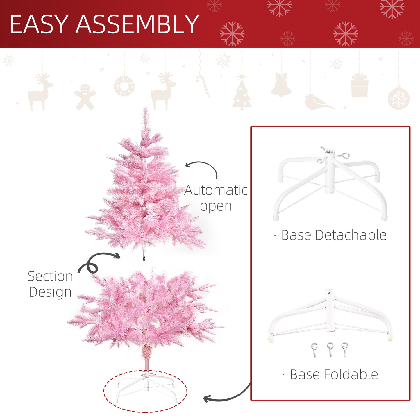 HOMCOM 5FT Artificial Christmas Tree Holiday Xmas Tree Decoration with Automatic Open for Home Party, Pink