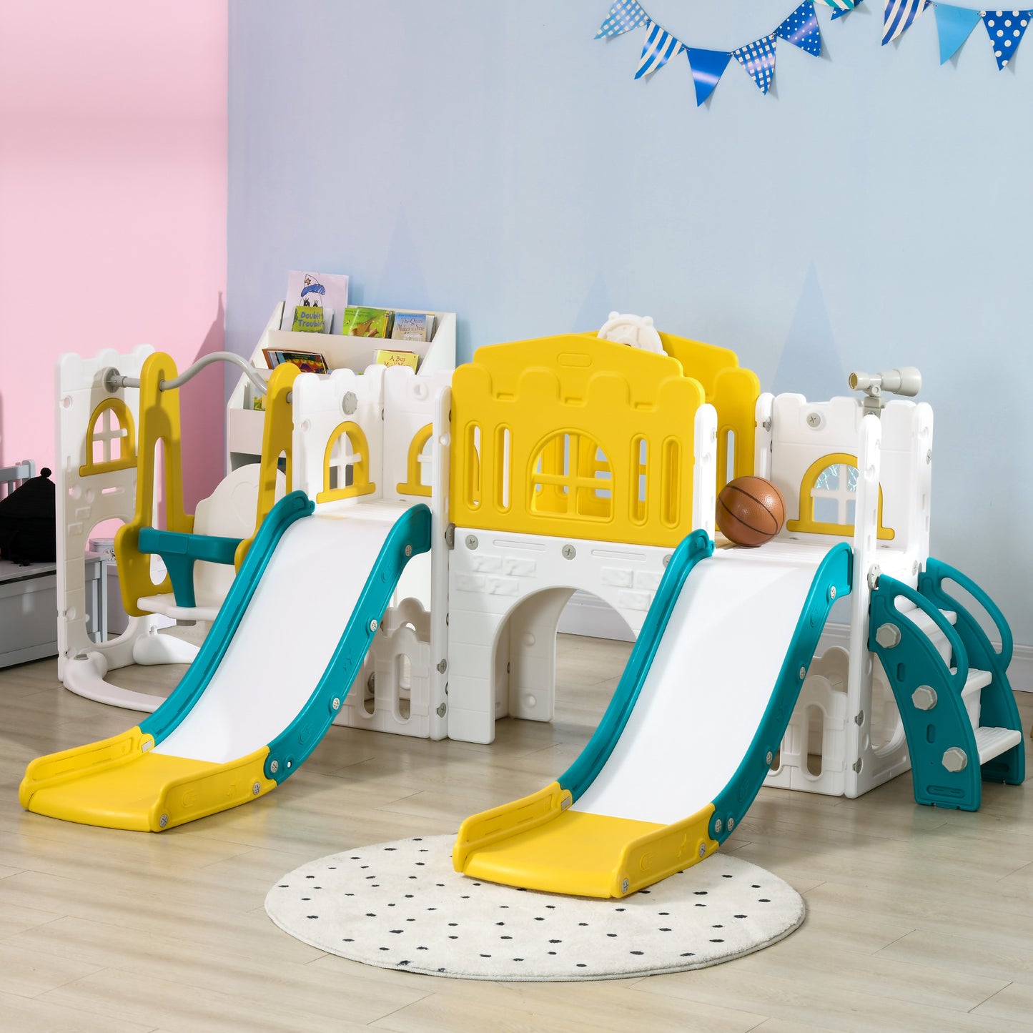 Qaba 8 in 1 Slide and Swing Set, Baby Swing Set with Basketball Hoop, Climber, Steering Wheel, for Aged 1-3 Years, Yellow