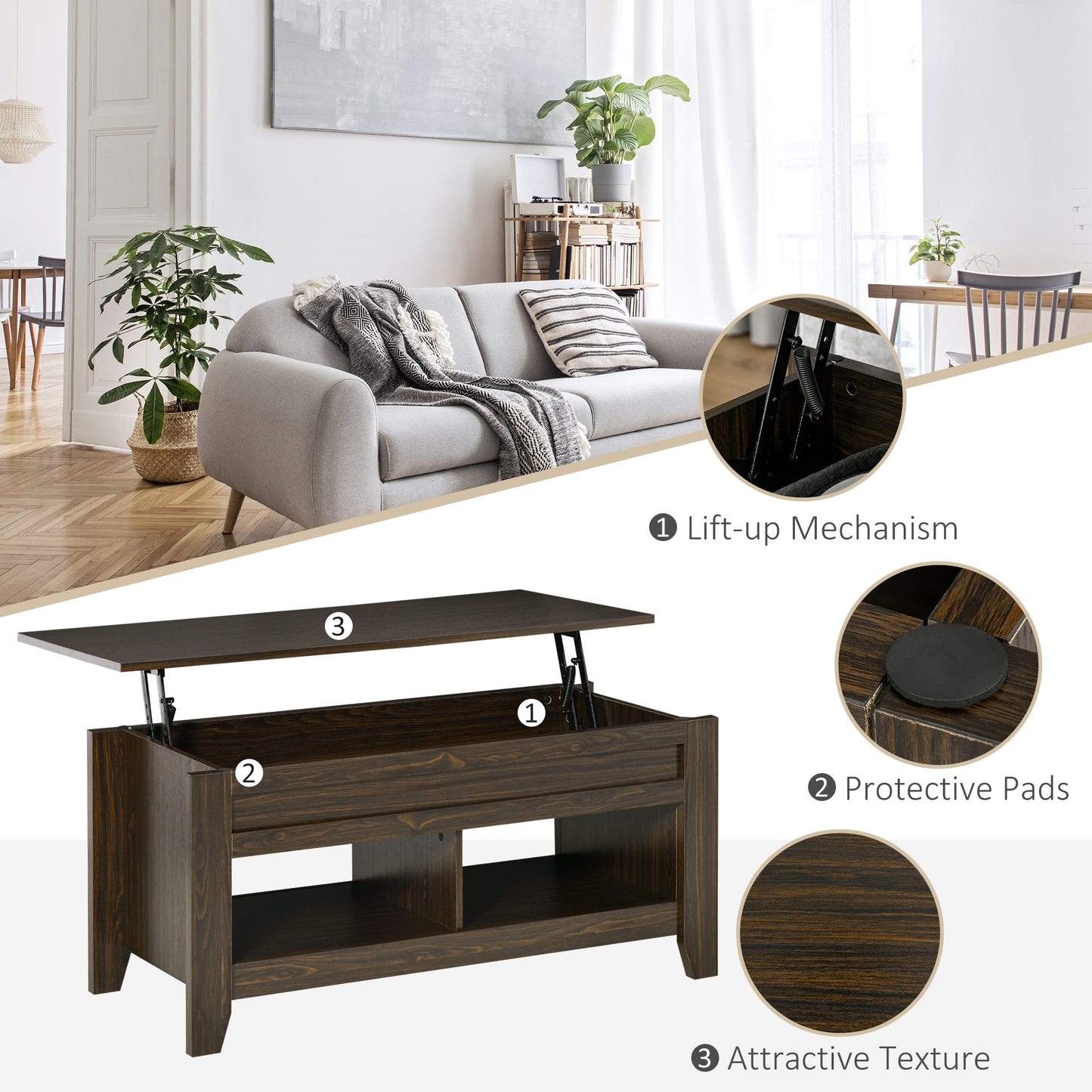 HOMCOM Lift Top Coffee Table with Hidden Storage Compartment and Open Shelves, Lift Tabletop Pop-Up Center Table for Living Room, White