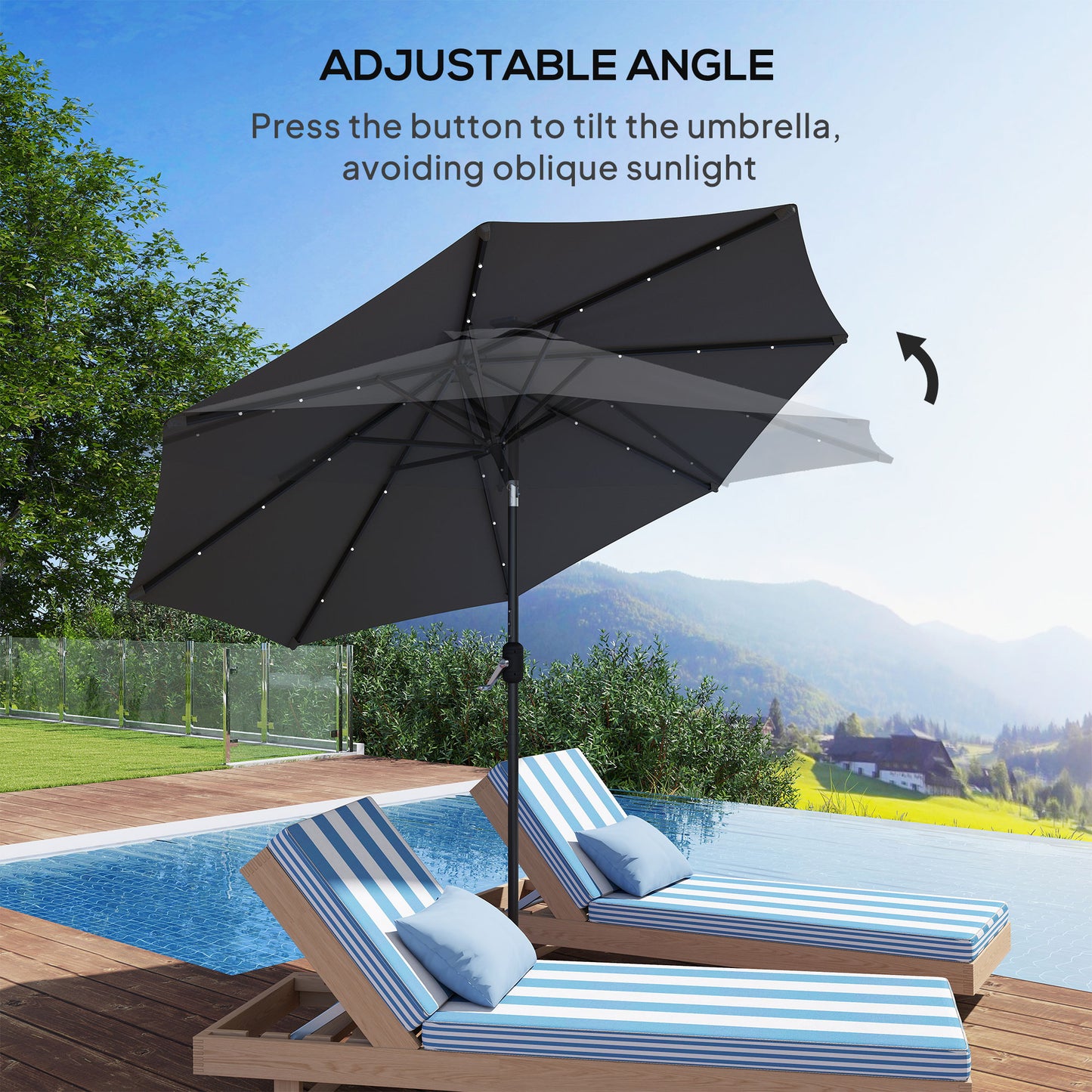 Outsunny 8.8 ft Solar Powered Outdoor Patio Umbrella Round Market Table Umbrella with Adjustable LED Lights Tilt Crank Dark Grey