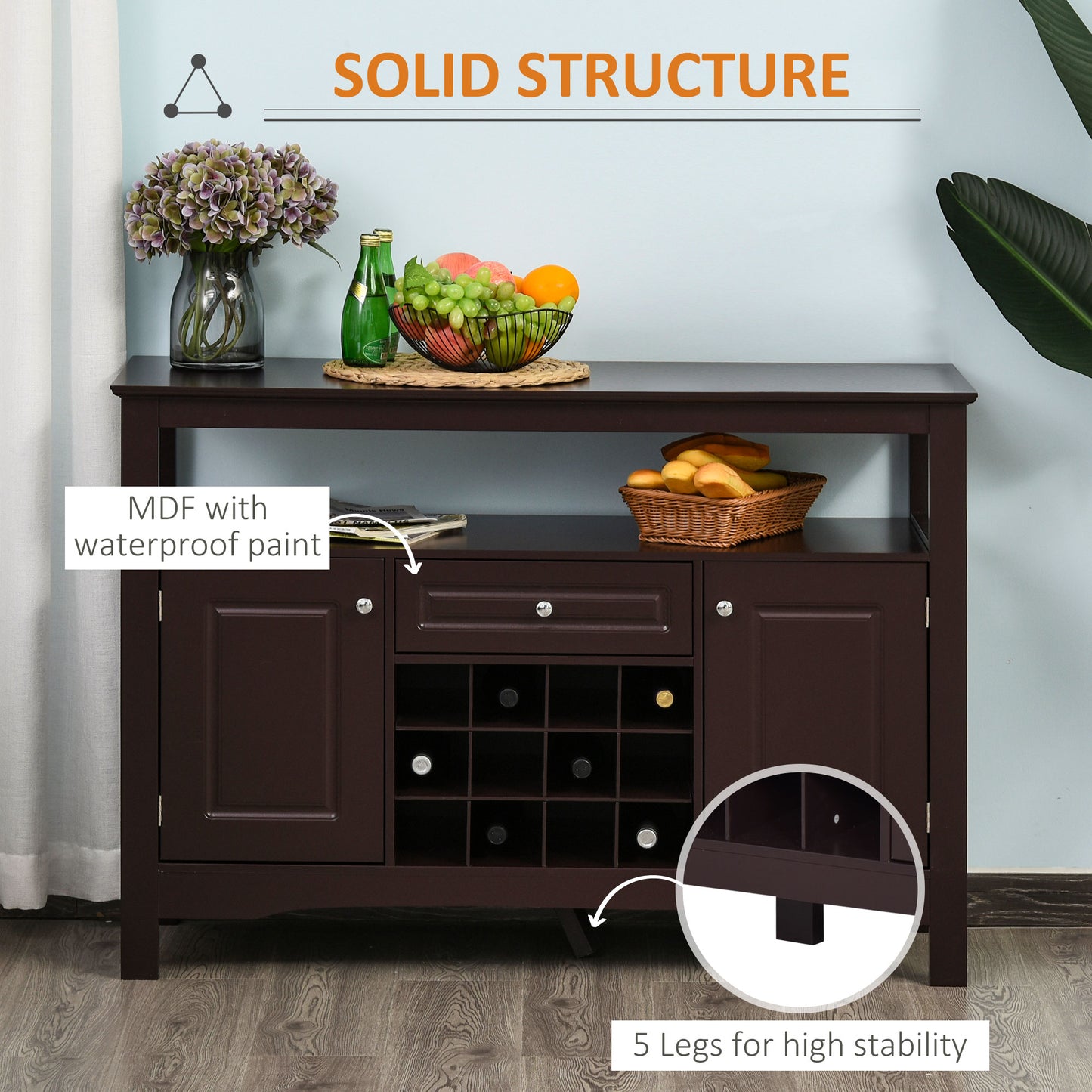HOMCOM Modern Kitchen Buffet Bar Cabinet Storage Sideboard Dining Server with Drawer & 12-Bottle Wine Rack for Living Room, Espresso