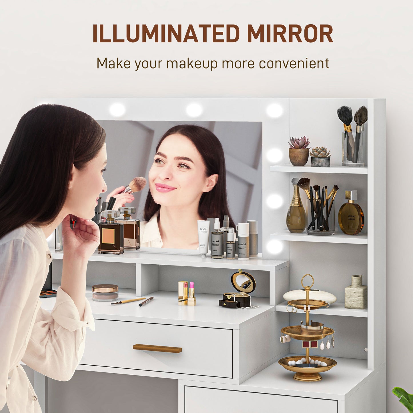 HOMCOM Illuminated Dresssing Table, LED Vanity Table with Mirror, Drawer and Storage Shelves for Bedroom, White