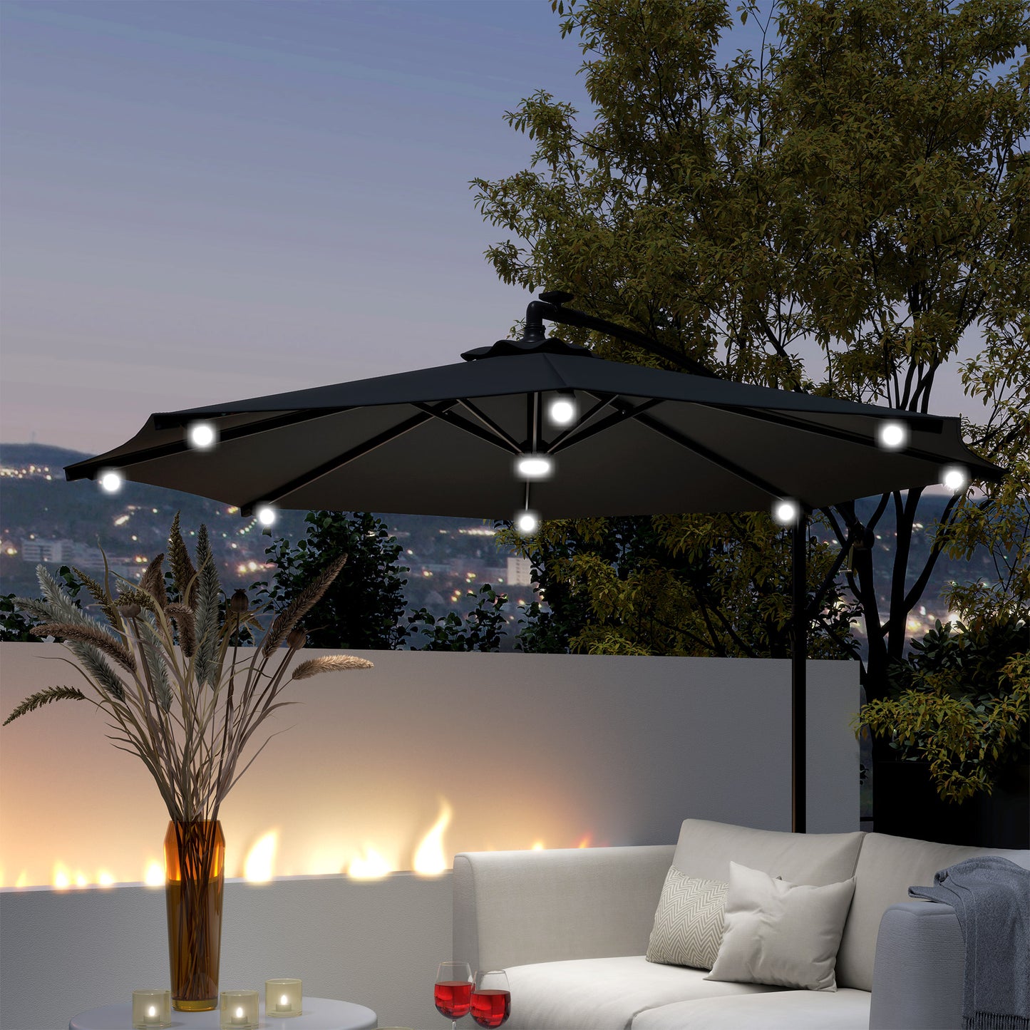 Outsunny 8.8FT Cantilever Patio Umbrella with Solar Powered LED Lights, Crank Handle, Cross Base for Outdoor Sun Shade, Grey