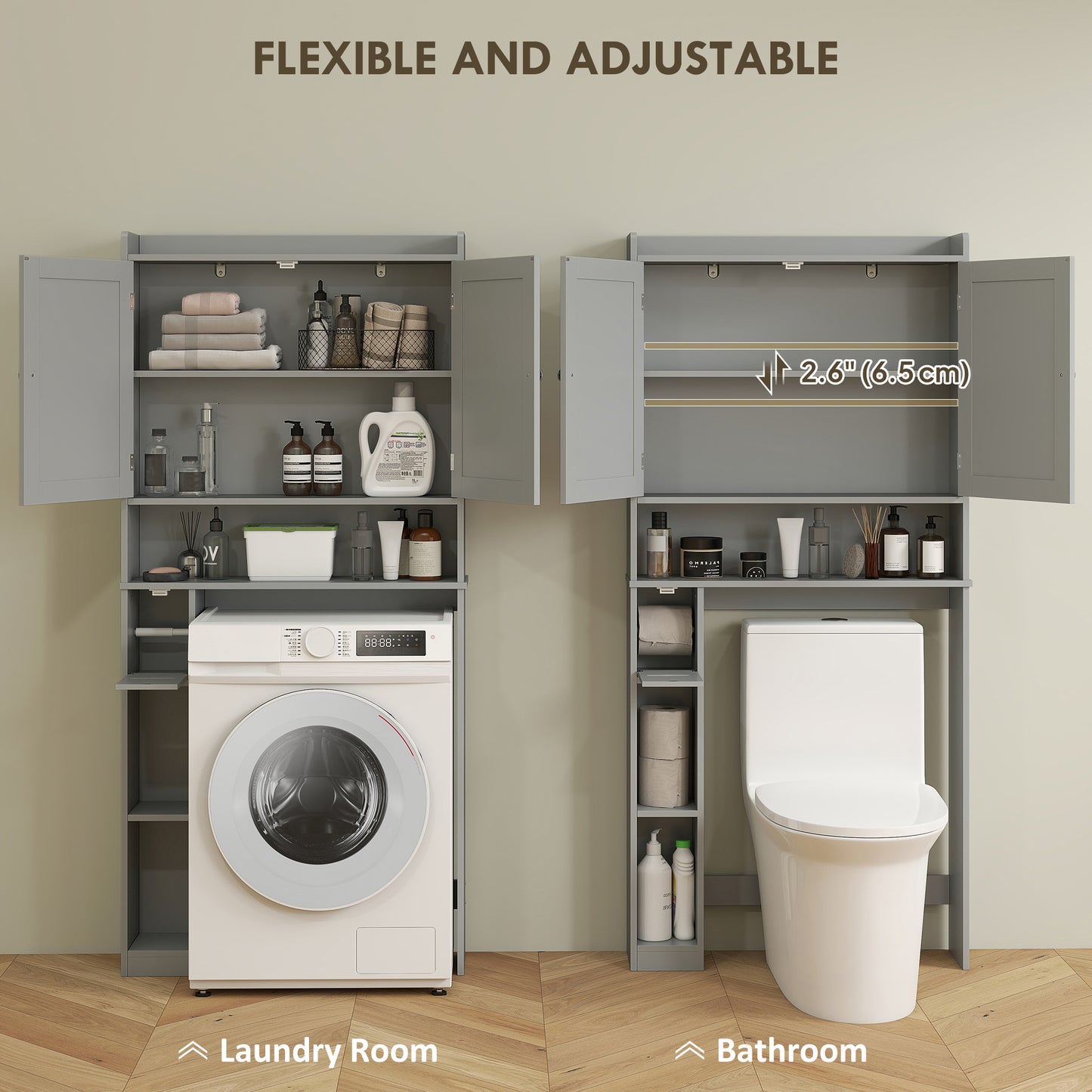 HOMCOM Modern Over the Toilet Storage Cabinet with 2 Doors, Above Commode Storage Cabinet with Toilet Paper Holder, Grey