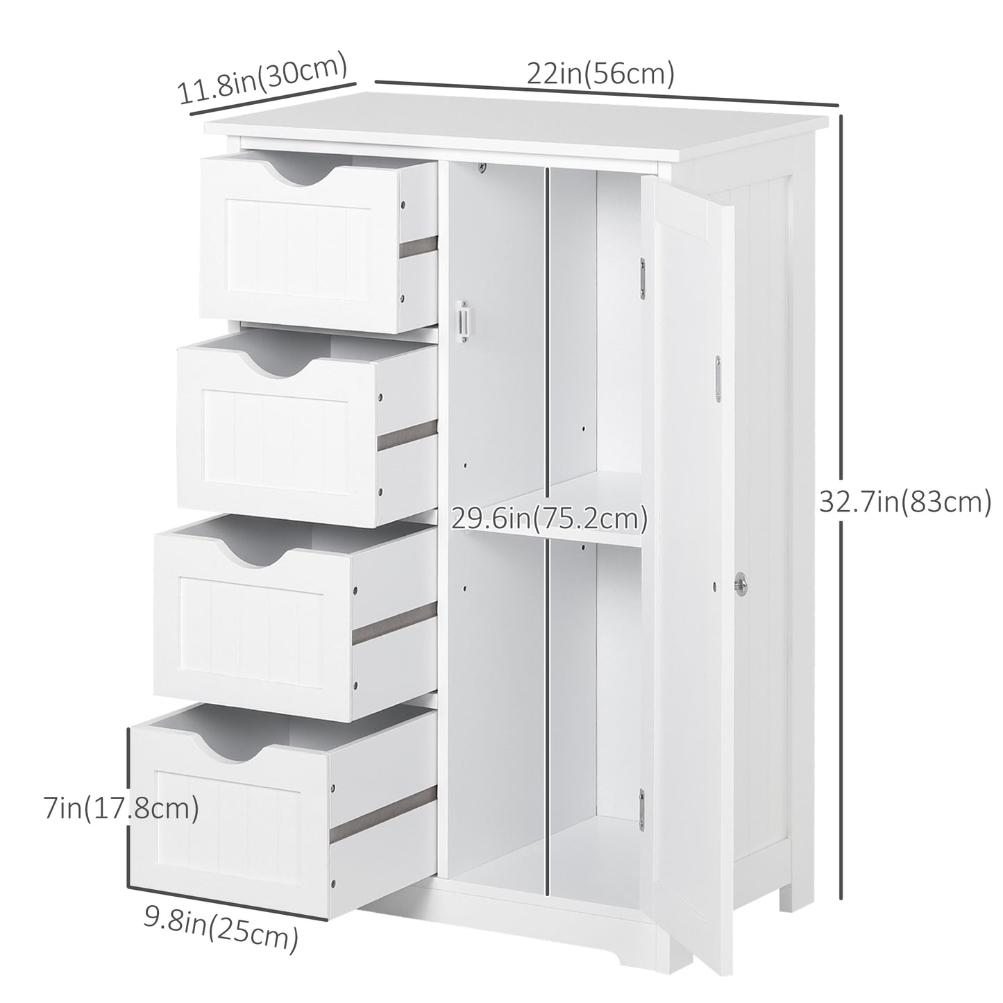 kleankin Bathroom Storage Cabinet, Floor Cabinet with Adjustable Shelf and 4 Drawers, Side Cabinet for Washroom, White