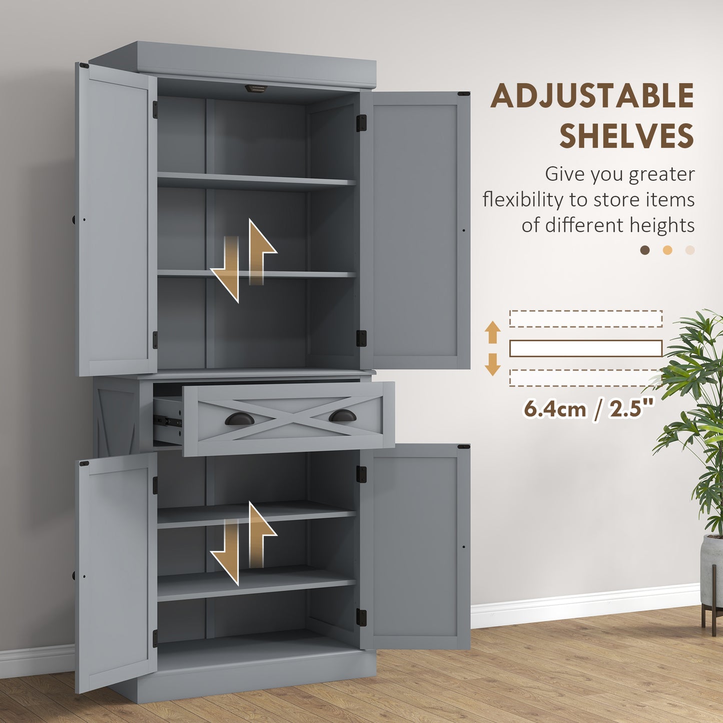 HOMCOM 72.5" Kitchen Pantry Cabinet, Freestanding Storage Cabinet with 4 Doors, Drawer and Adjustable Shelves, Black